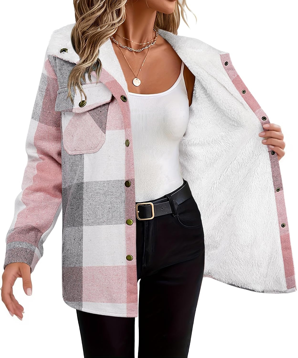image:imageZeagoo Womens Flannel Plaid Jacket Fleece Lined Shacket Hooded Warm CoatLight Pink Plaid