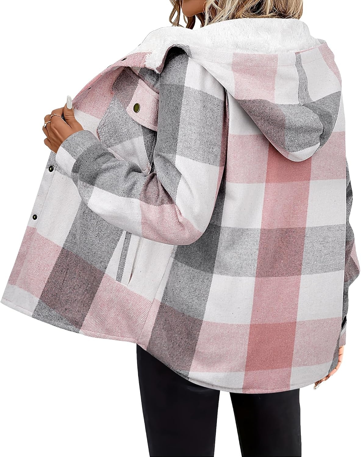 image:imageZeagoo Womens Flannel Plaid Jacket Fleece Lined Shacket Hooded Warm CoatLight Pink Plaid