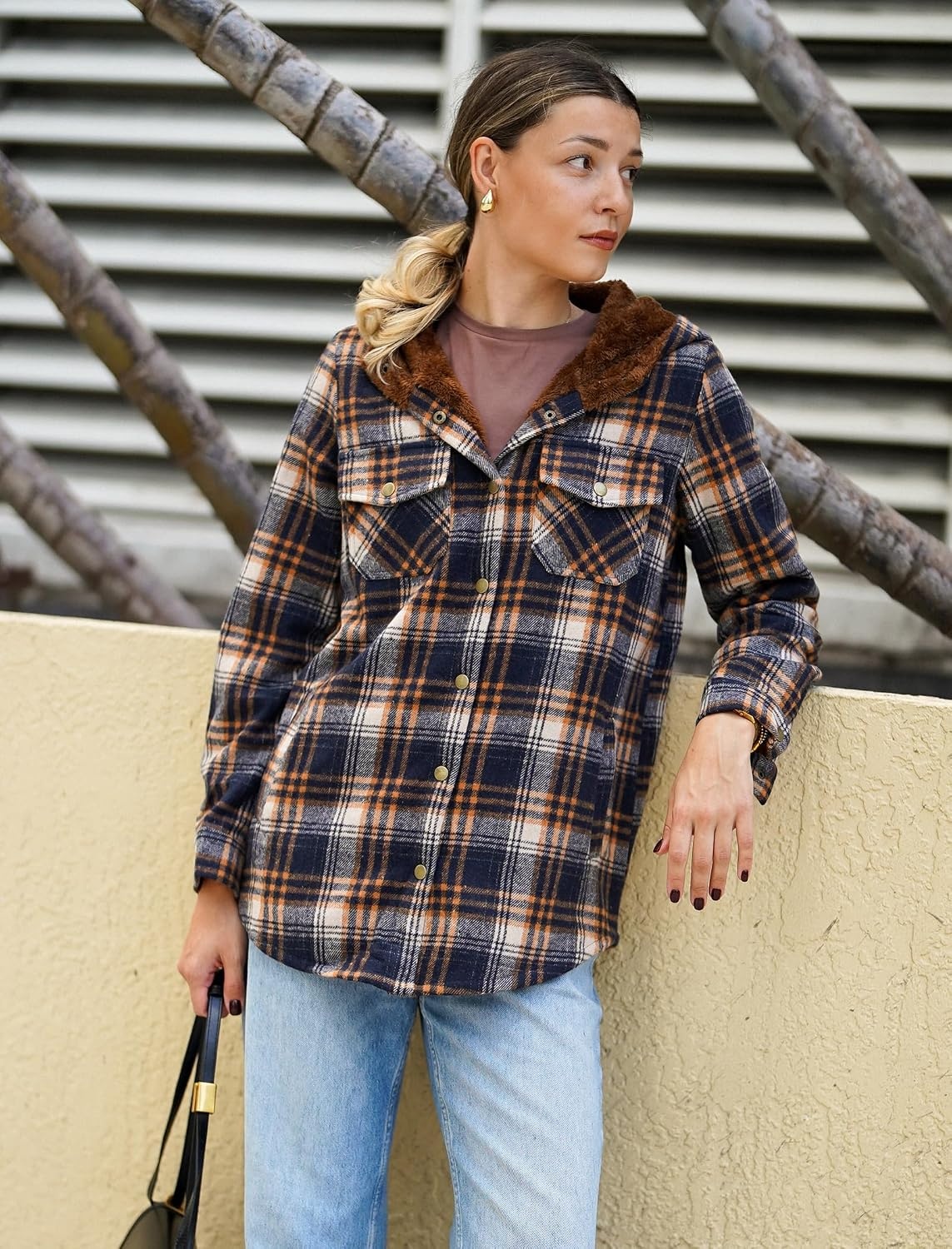 image:imageZeagoo Womens Flannel Plaid Jacket Fleece Lined Shacket Hooded Warm CoatNavy Blue