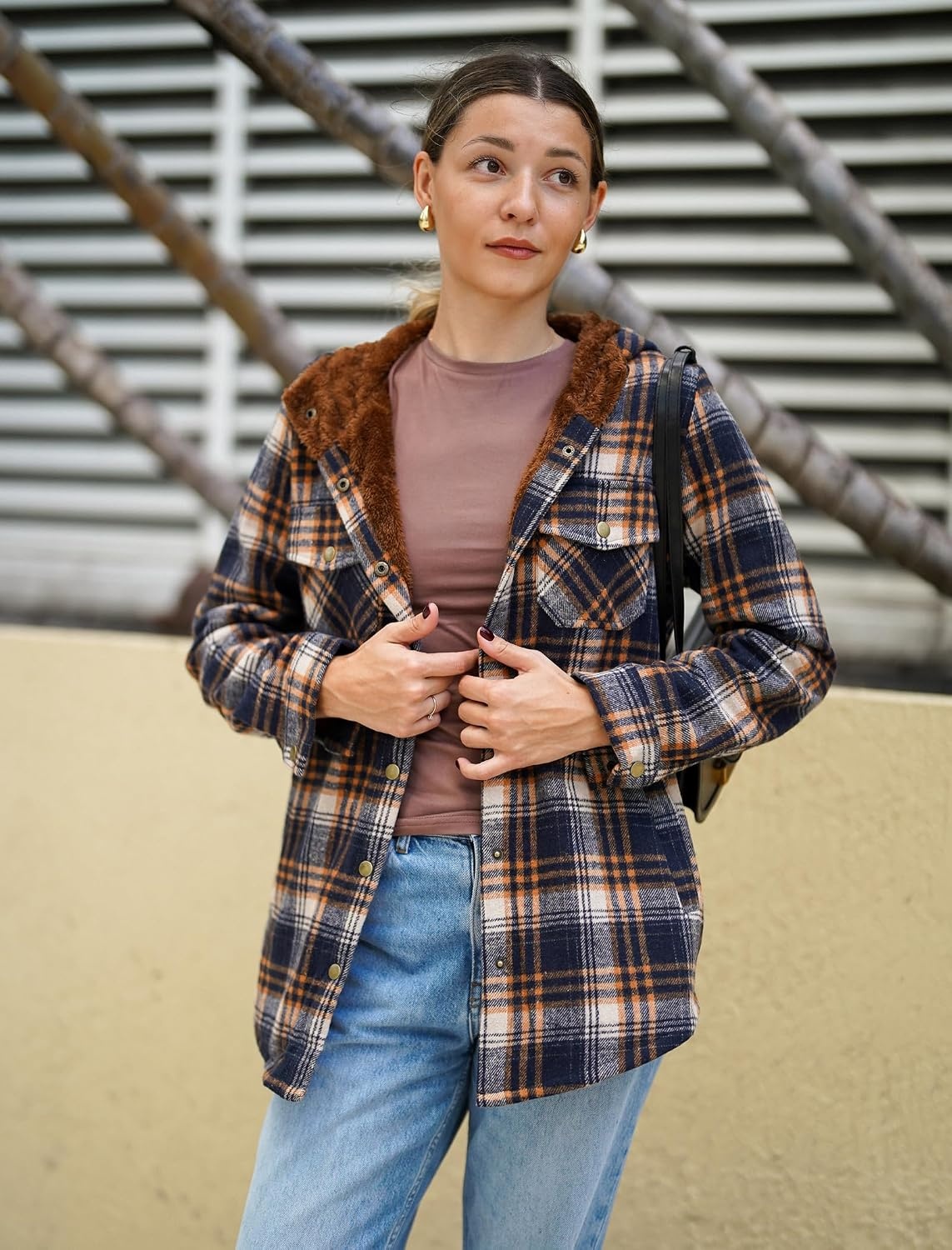 image:imageZeagoo Womens Flannel Plaid Jacket Fleece Lined Shacket Hooded Warm CoatNavy Blue