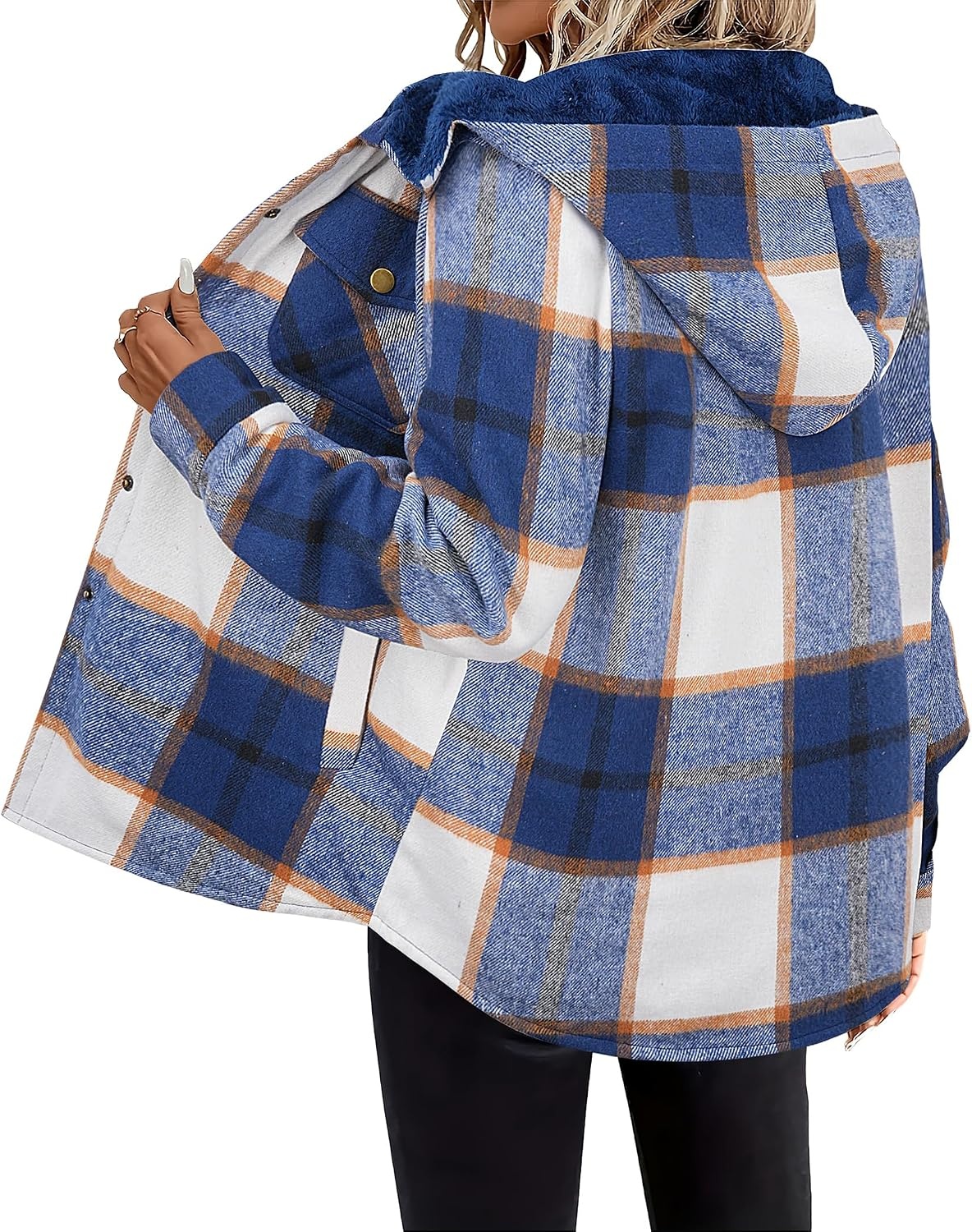 image:imageZeagoo Womens Flannel Plaid Jacket Fleece Lined Shacket Hooded Warm CoatNavy Blue Plaid