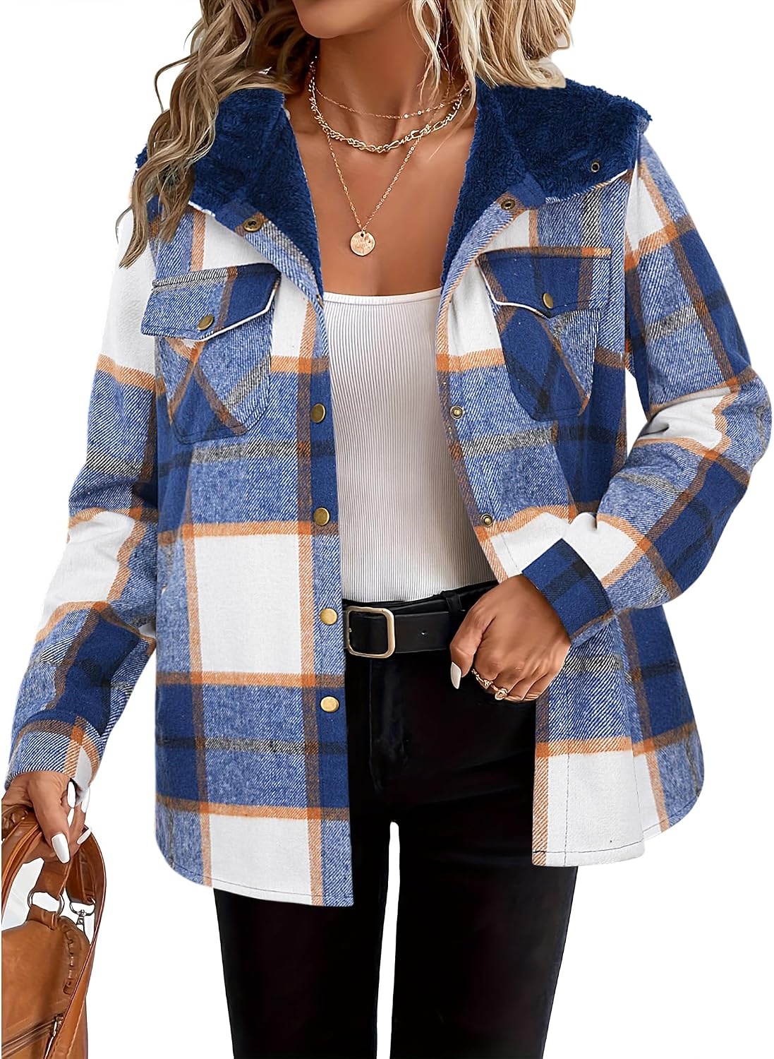 image:imageZeagoo Womens Flannel Plaid Jacket Fleece Lined Shacket Hooded Warm CoatNavy Blue Plaid