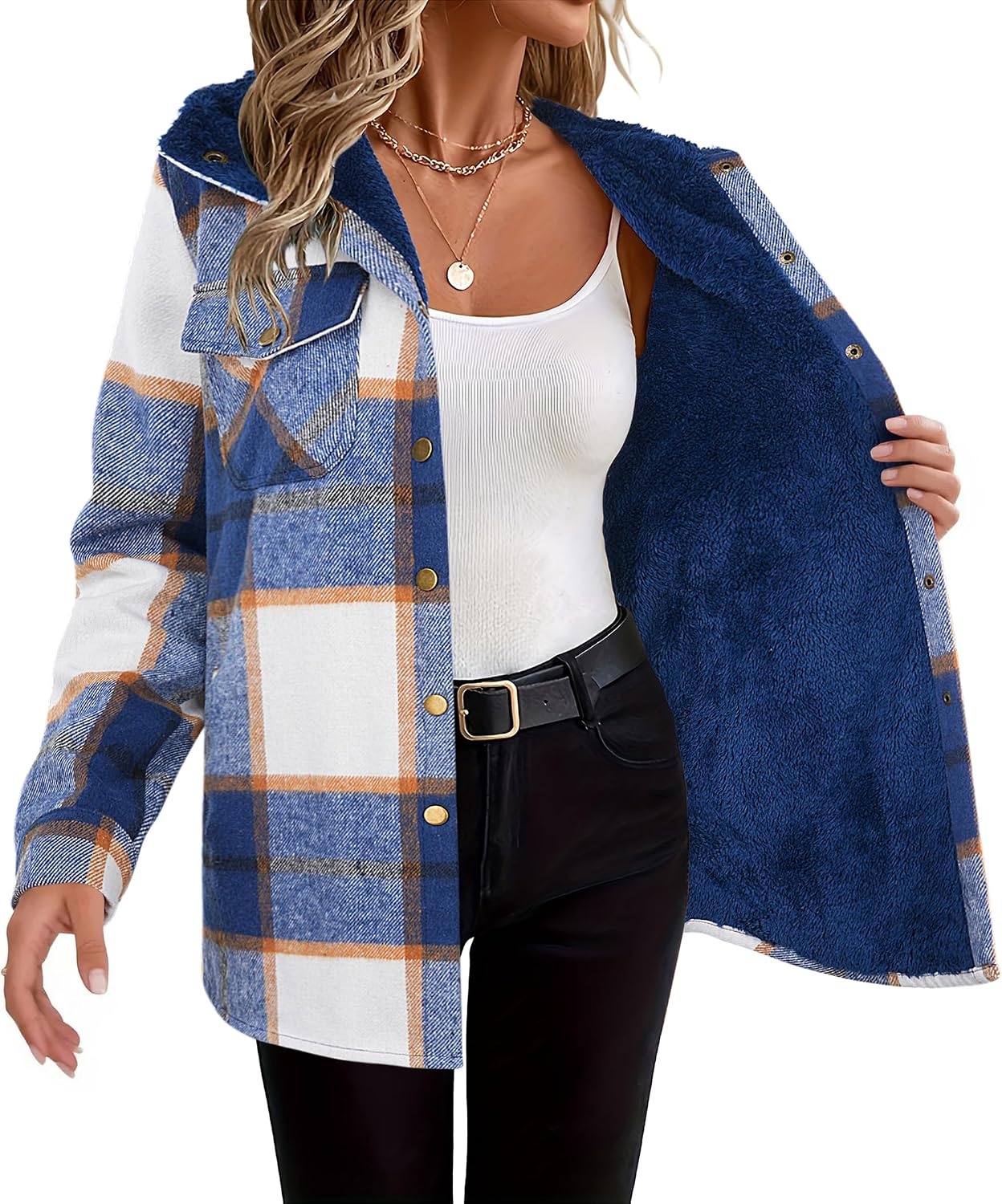 image:imageZeagoo Womens Flannel Plaid Jacket Fleece Lined Shacket Hooded Warm CoatNavy Blue Plaid