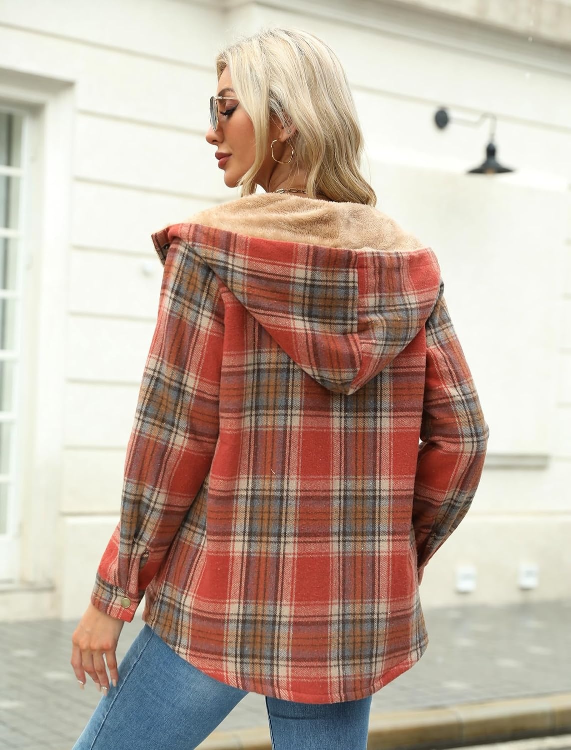 image:imageZeagoo Womens Flannel Plaid Jacket Fleece Lined Shacket Hooded Warm CoatOrange
