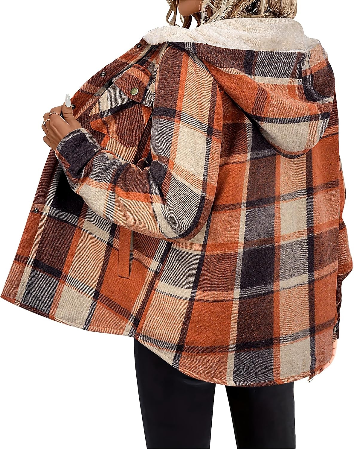 image:imageZeagoo Womens Flannel Plaid Jacket Fleece Lined Shacket Hooded Warm CoatOrange Plaid