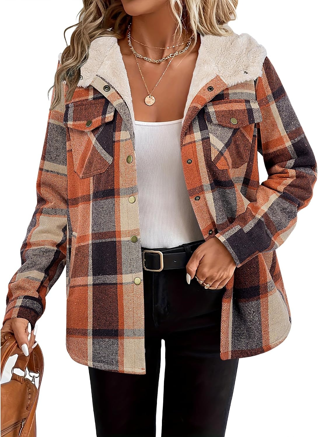 image:imageZeagoo Womens Flannel Plaid Jacket Fleece Lined Shacket Hooded Warm CoatOrange Plaid
