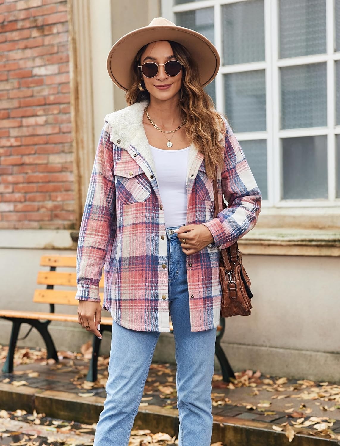 image:imageZeagoo Womens Flannel Plaid Jacket Fleece Lined Shacket Hooded Warm CoatPink