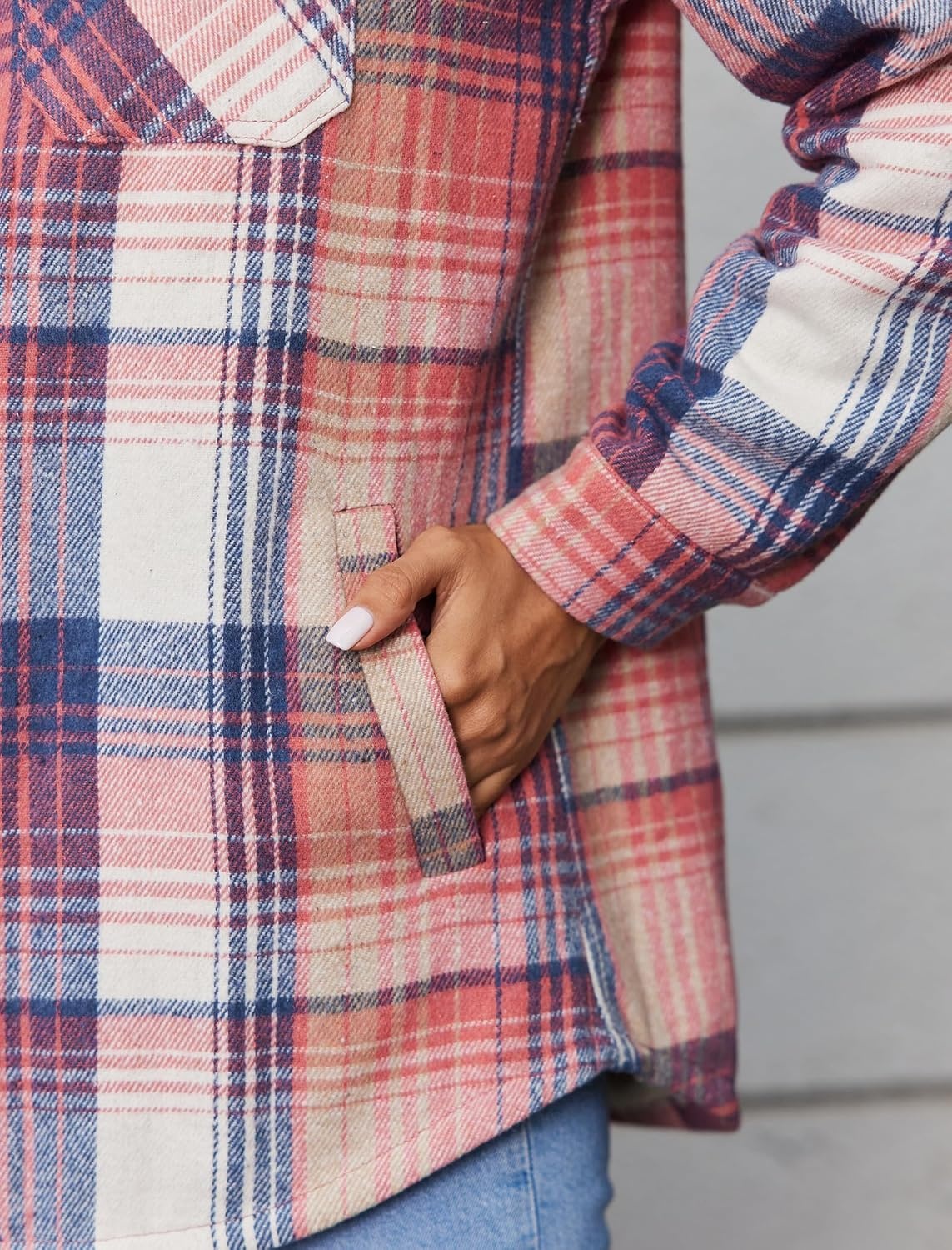 image:imageZeagoo Womens Flannel Plaid Jacket Fleece Lined Shacket Hooded Warm CoatPink