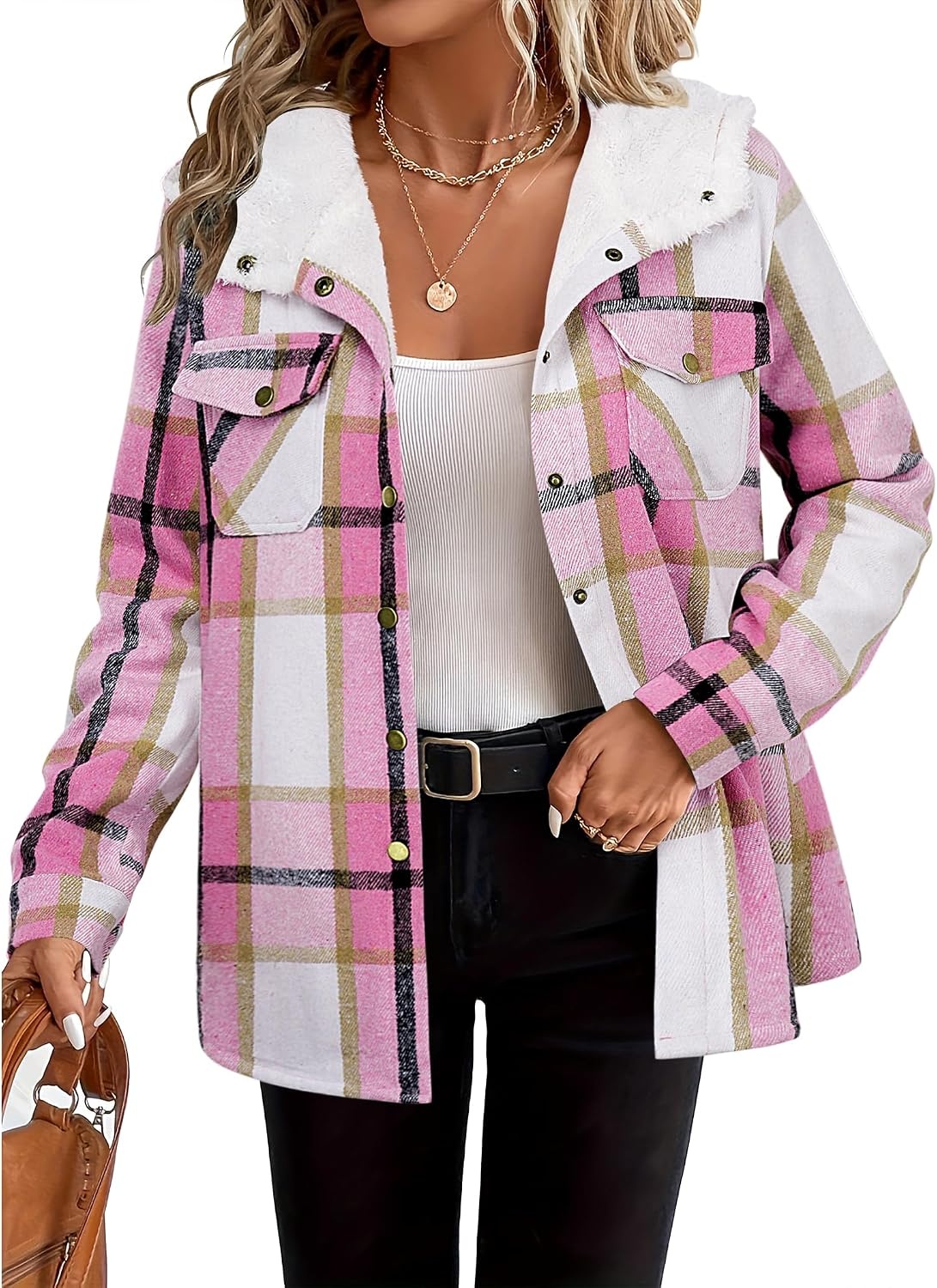image:imageZeagoo Womens Flannel Plaid Jacket Fleece Lined Shacket Hooded Warm CoatPink Plaid