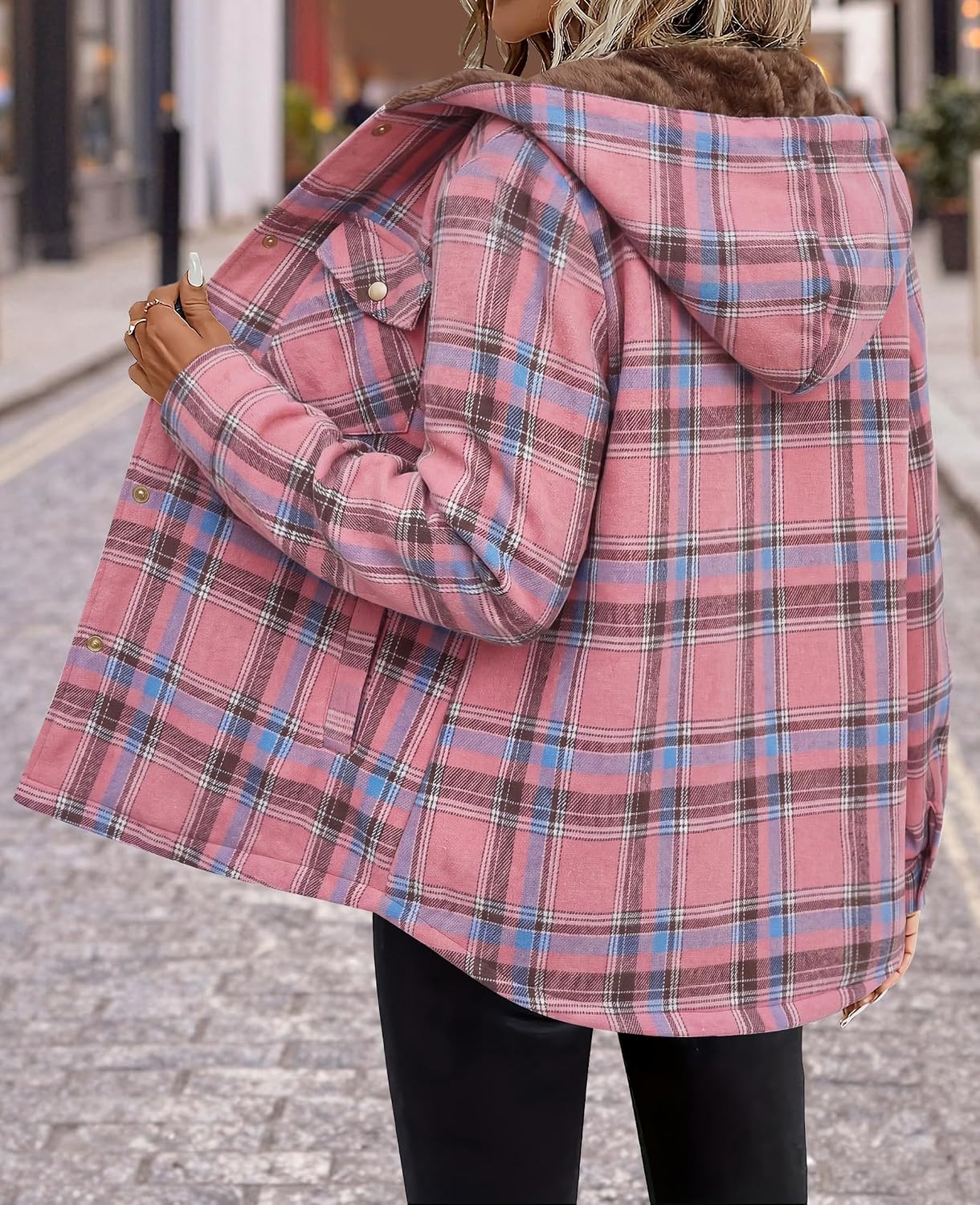 image:imageZeagoo Womens Flannel Plaid Jacket Fleece Lined Shacket Hooded Warm CoatPinkgw571