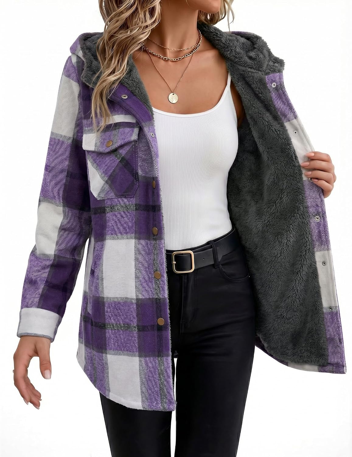 image:imageZeagoo Womens Flannel Plaid Jacket Fleece Lined Shacket Hooded Warm CoatPurple Plaid