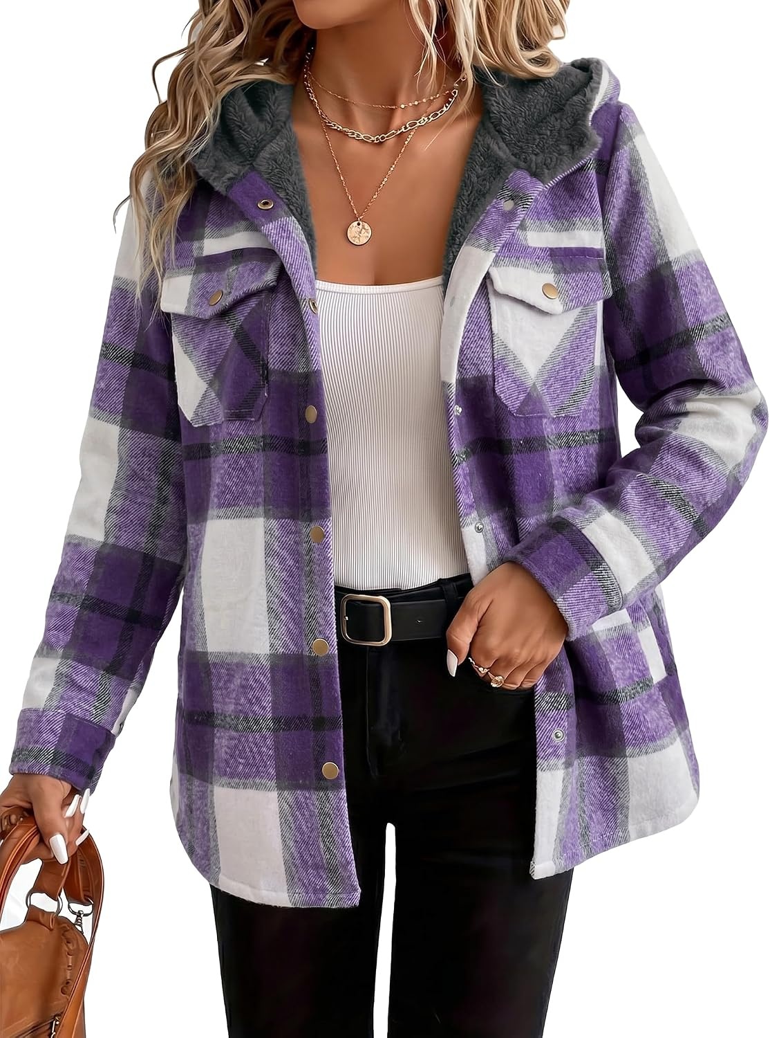 image:imageZeagoo Womens Flannel Plaid Jacket Fleece Lined Shacket Hooded Warm CoatPurple Plaid