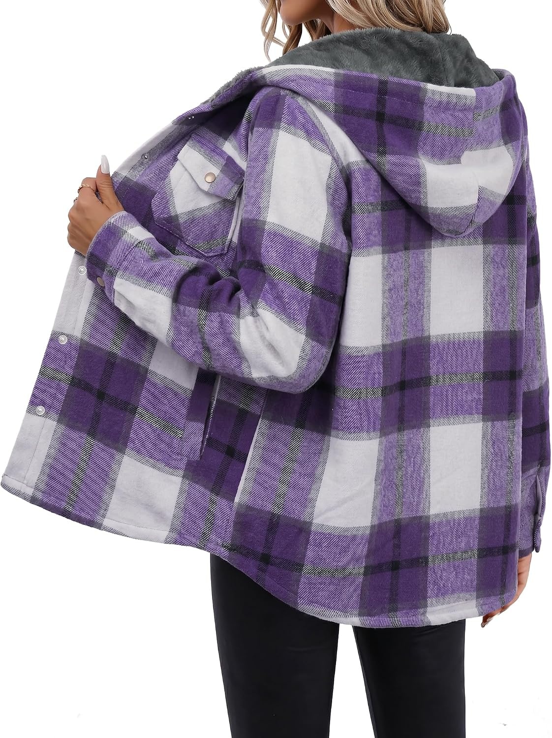 image:imageZeagoo Womens Flannel Plaid Jacket Fleece Lined Shacket Hooded Warm CoatPurple Plaid