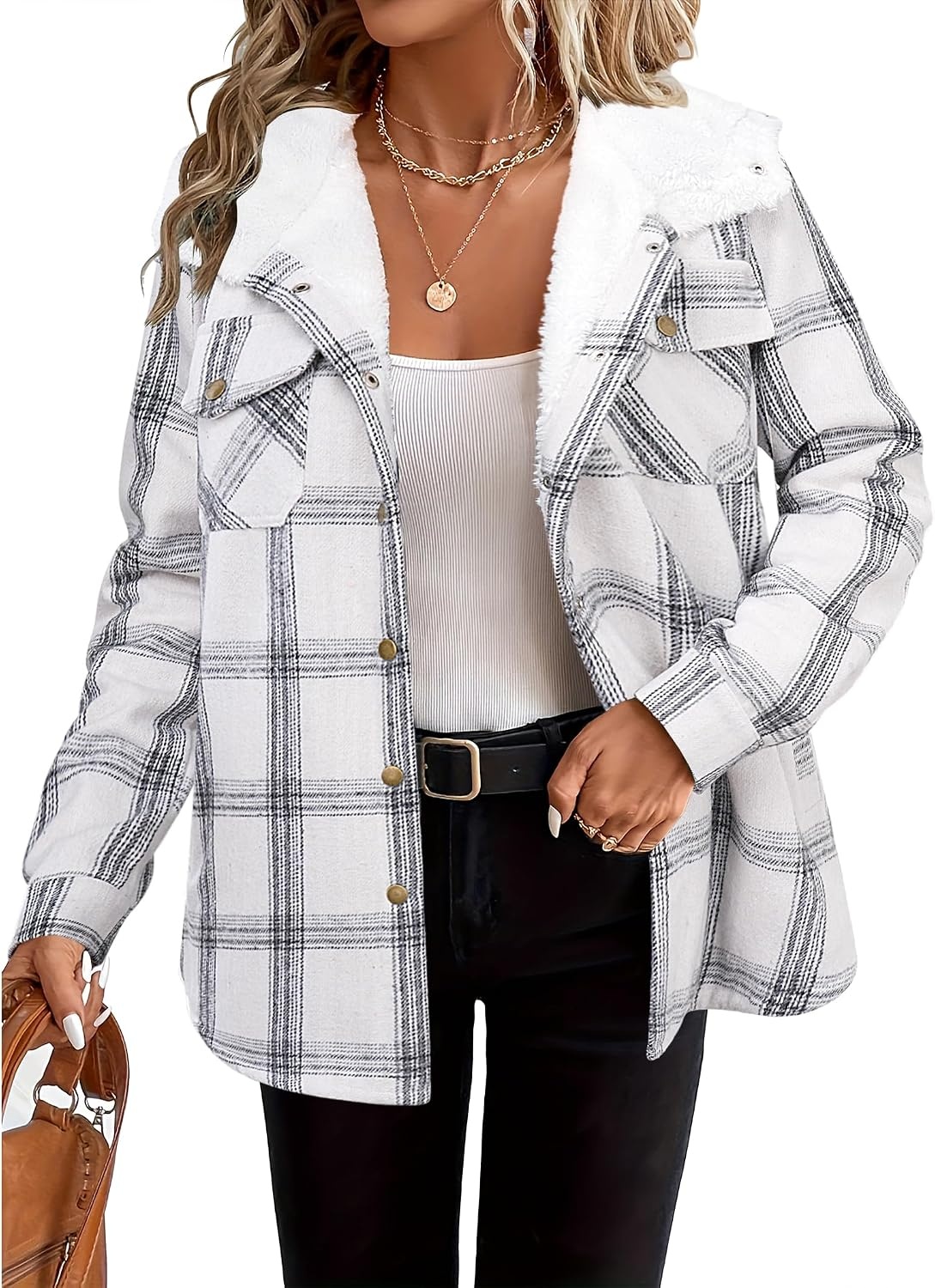 image:imageZeagoo Womens Flannel Plaid Jacket Fleece Lined Shacket Hooded Warm CoatWhite Plaid