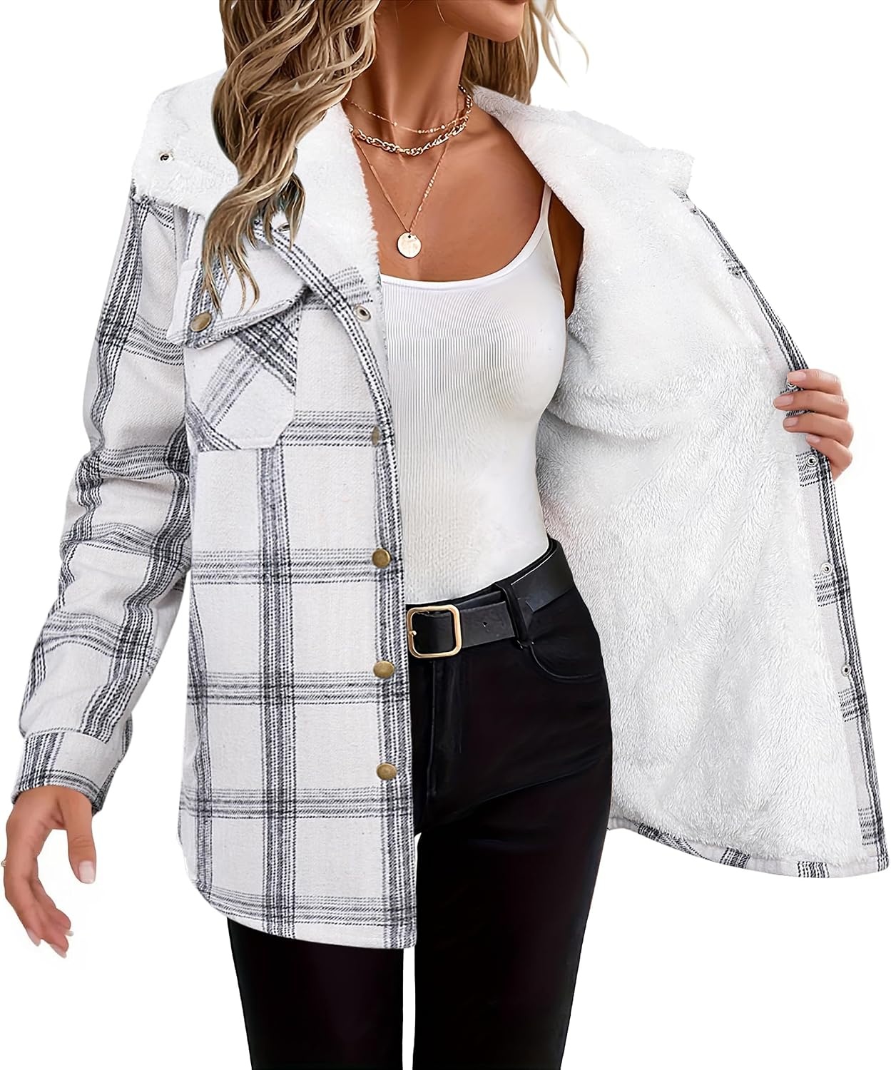 image:imageZeagoo Womens Flannel Plaid Jacket Fleece Lined Shacket Hooded Warm CoatWhite Plaid