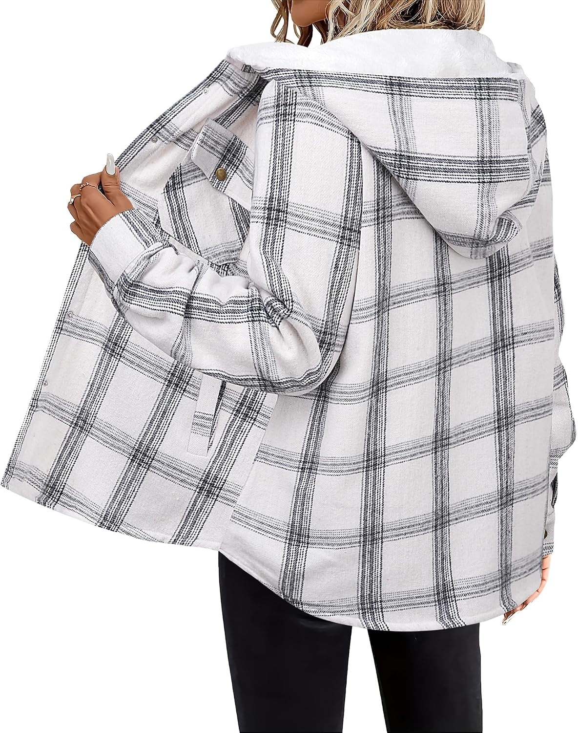 image:imageZeagoo Womens Flannel Plaid Jacket Fleece Lined Shacket Hooded Warm CoatWhite Plaid