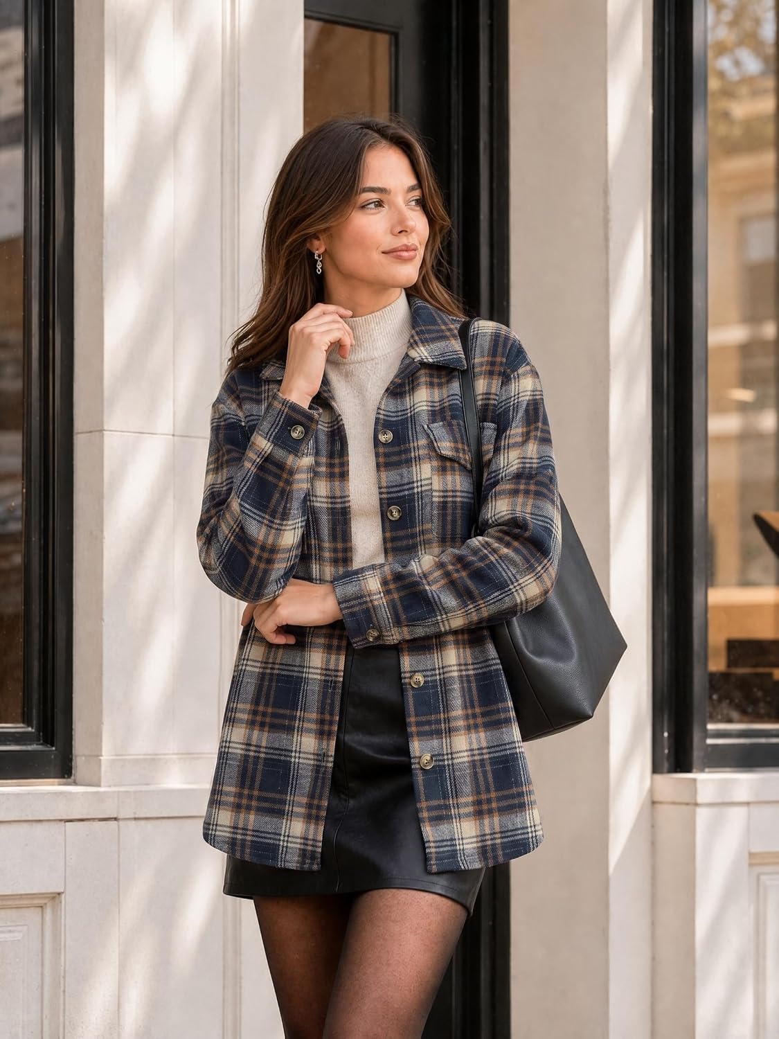 image:imageZeagoo Womens Flannel Plaid Shacket Long Sleeve Button Down Jacket S2XLAnavy Blue