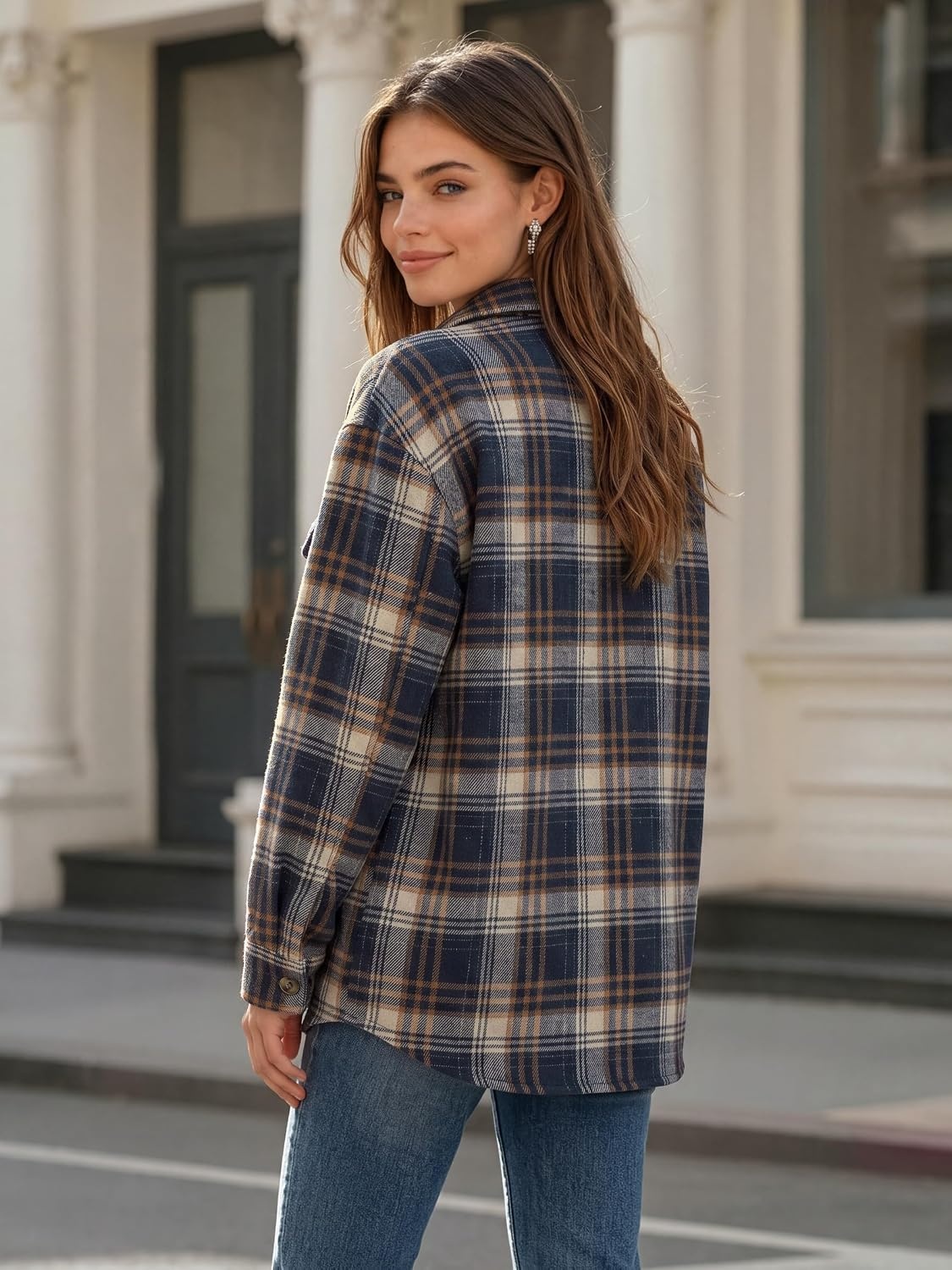 image:imageZeagoo Womens Flannel Plaid Shacket Long Sleeve Button Down Jacket S2XLAnavy Blue
