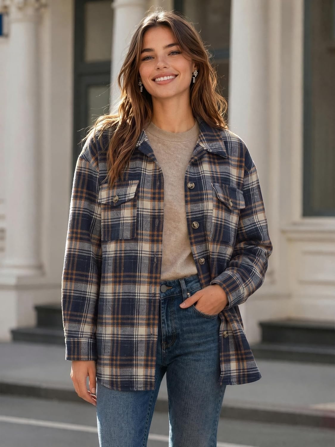 image:imageZeagoo Womens Flannel Plaid Shacket Long Sleeve Button Down Jacket S2XLAnavy Blue