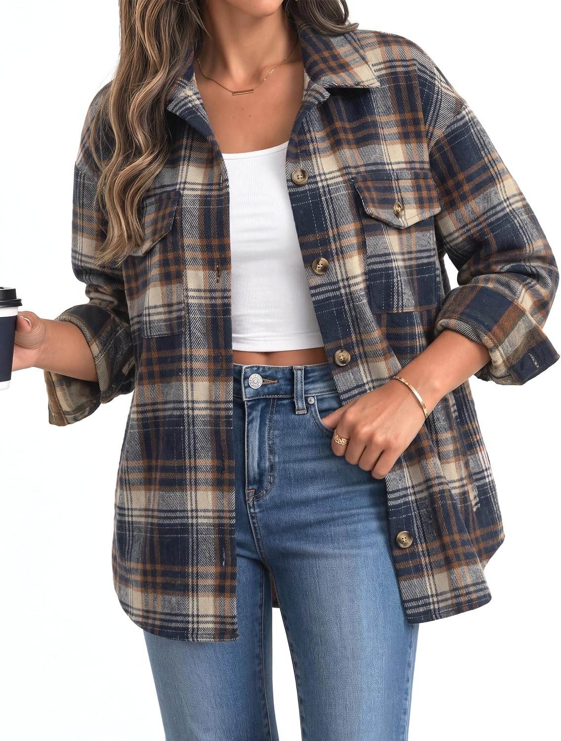 image:imageZeagoo Womens Flannel Plaid Shacket Long Sleeve Button Down Jacket S2XLAnavy Blue