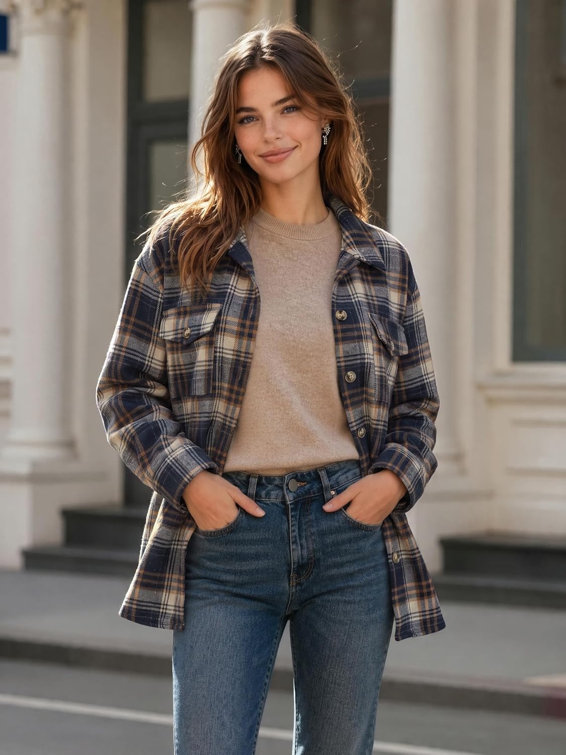 image:imageZeagoo Womens Flannel Plaid Shacket Long Sleeve Button Down Jacket S2XLAnavy Blue