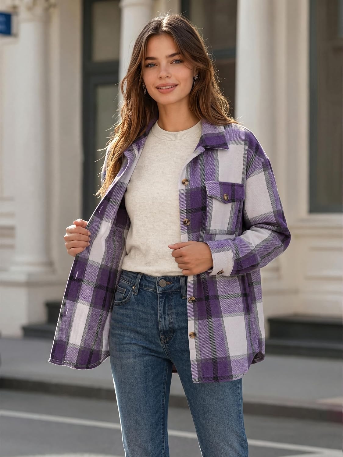 image:imageZeagoo Womens Flannel Plaid Shacket Long Sleeve Button Down Jacket S2XLPurple