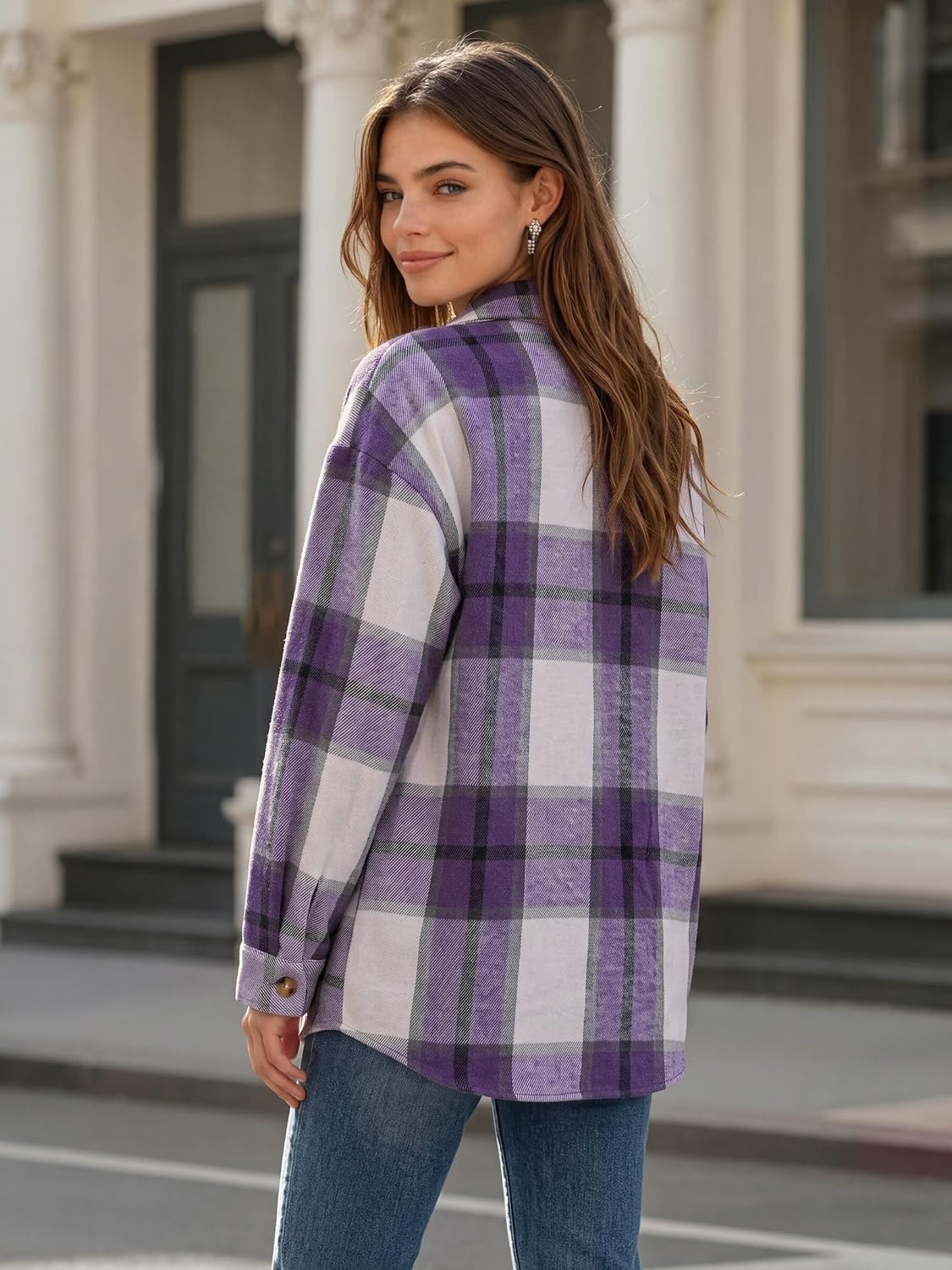 image:imageZeagoo Womens Flannel Plaid Shacket Long Sleeve Button Down Jacket S2XLPurple