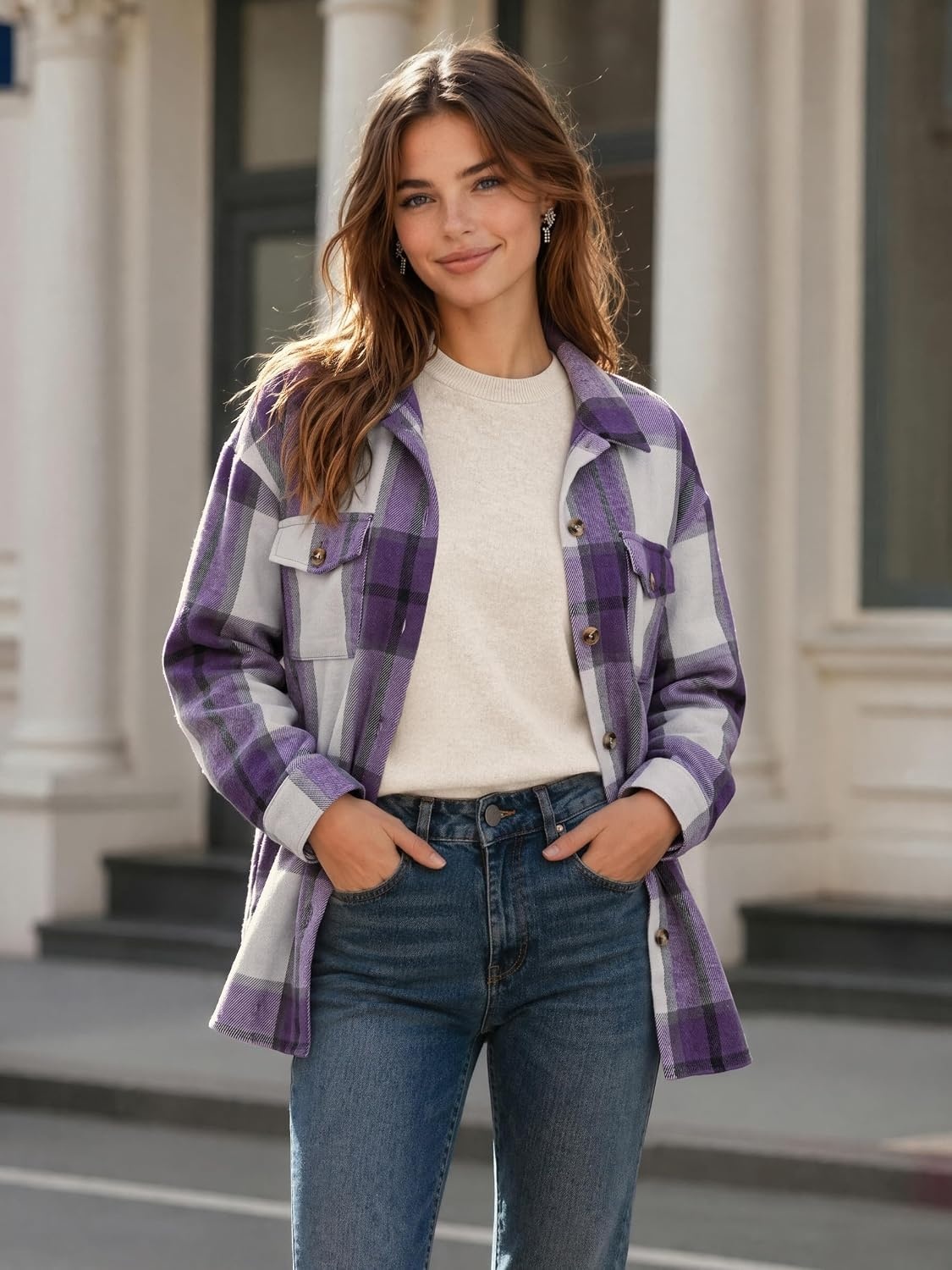 image:imageZeagoo Womens Flannel Plaid Shacket Long Sleeve Button Down Jacket S2XLPurple