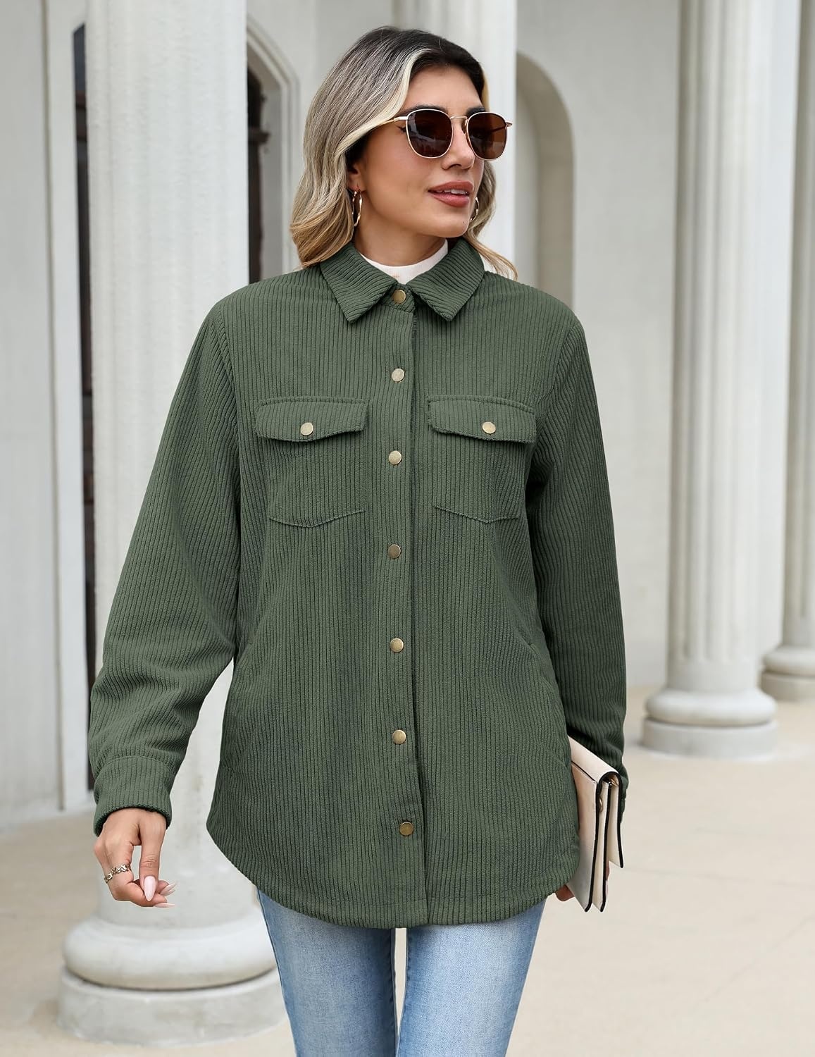 image:imageZeagoo Womens Fleece Jackets Corduroy Shackets Snap Casual Fall CoatArmy Green