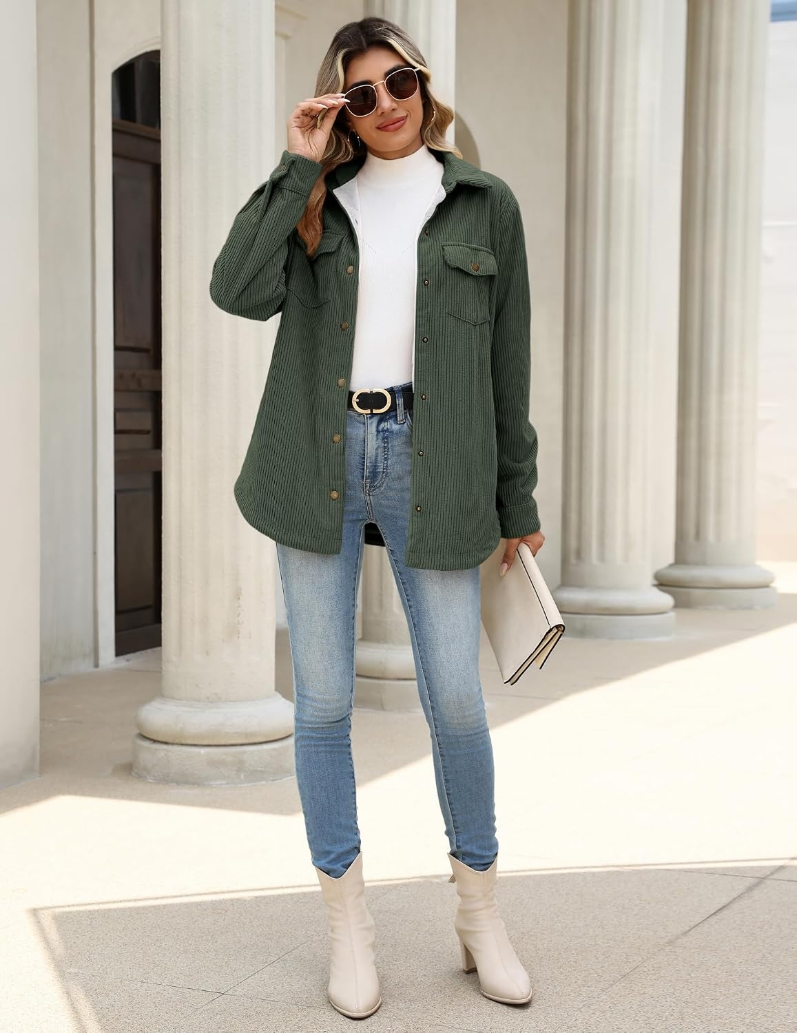image:imageZeagoo Womens Fleece Jackets Corduroy Shackets Snap Casual Fall CoatArmy Green