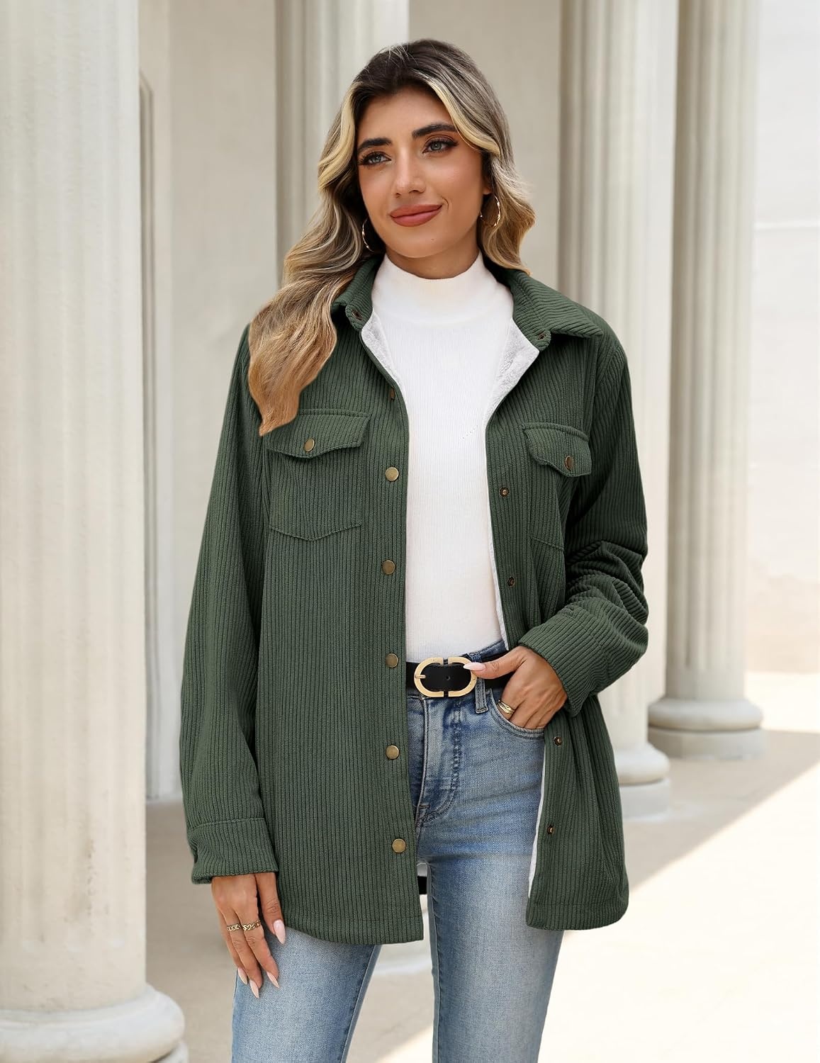 image:imageZeagoo Womens Fleece Jackets Corduroy Shackets Snap Casual Fall CoatArmy Green