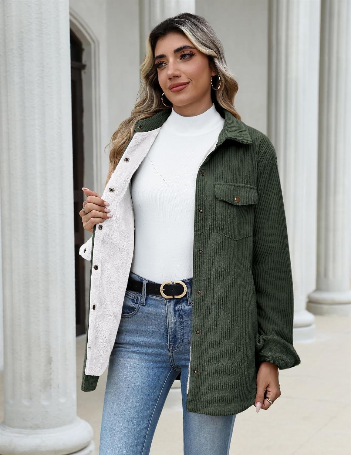 image:imageZeagoo Womens Fleece Jackets Corduroy Shackets Snap Casual Fall CoatArmy Green
