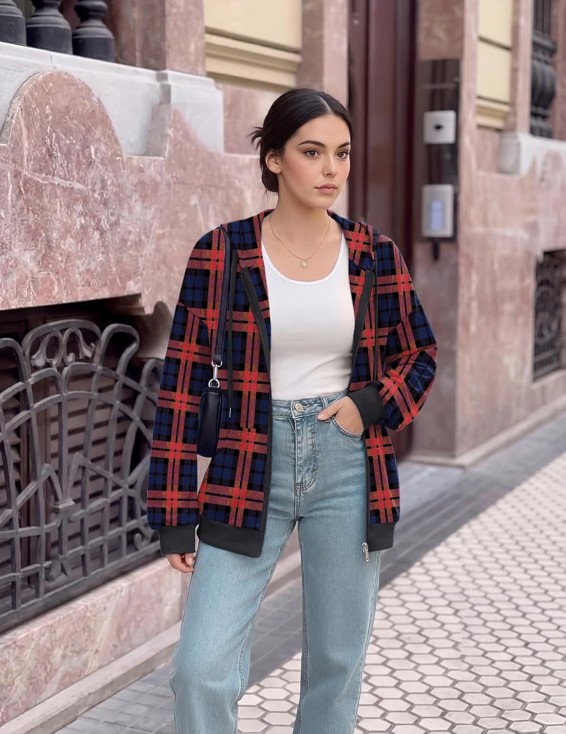 image:imageZeagoo Womens Lightweight Hoodies Full Zip Up Oversized Sweatshirt TrendyBlack Red Plaid