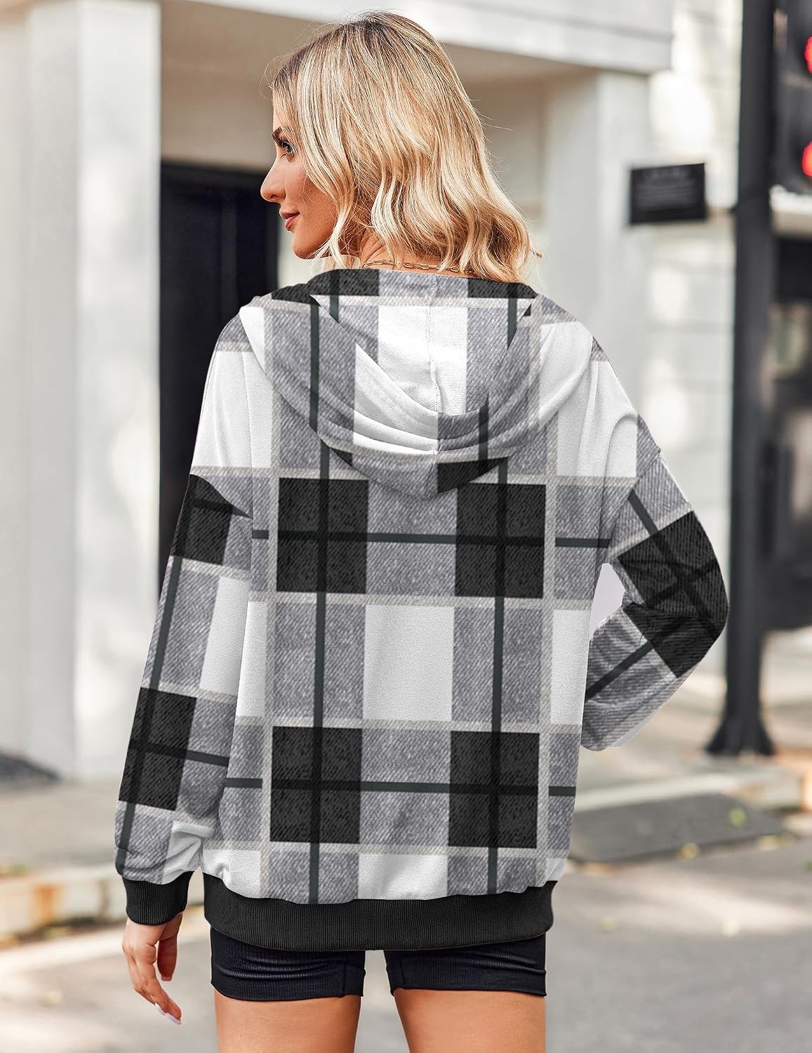 image:imageZeagoo Womens Lightweight Hoodies Full Zip Up Oversized Sweatshirt TrendyBlack White Plaid