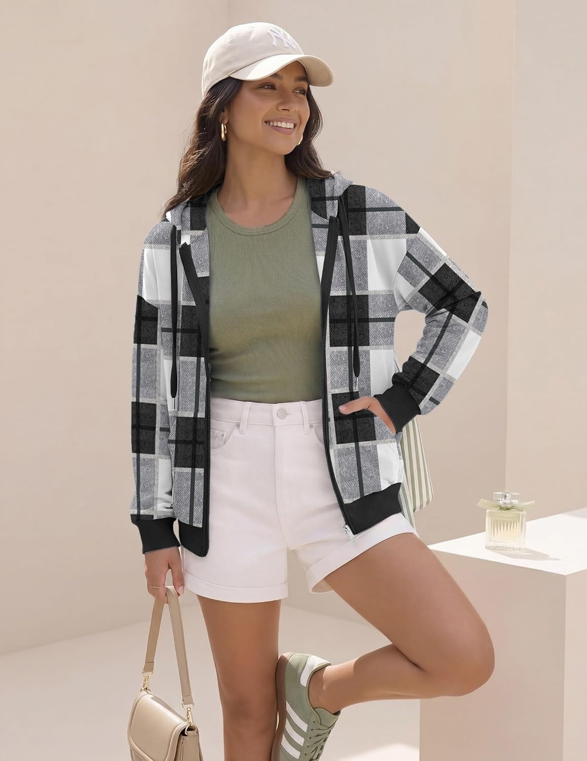 image:imageZeagoo Womens Lightweight Hoodies Full Zip Up Oversized Sweatshirt TrendyBlack White Plaid