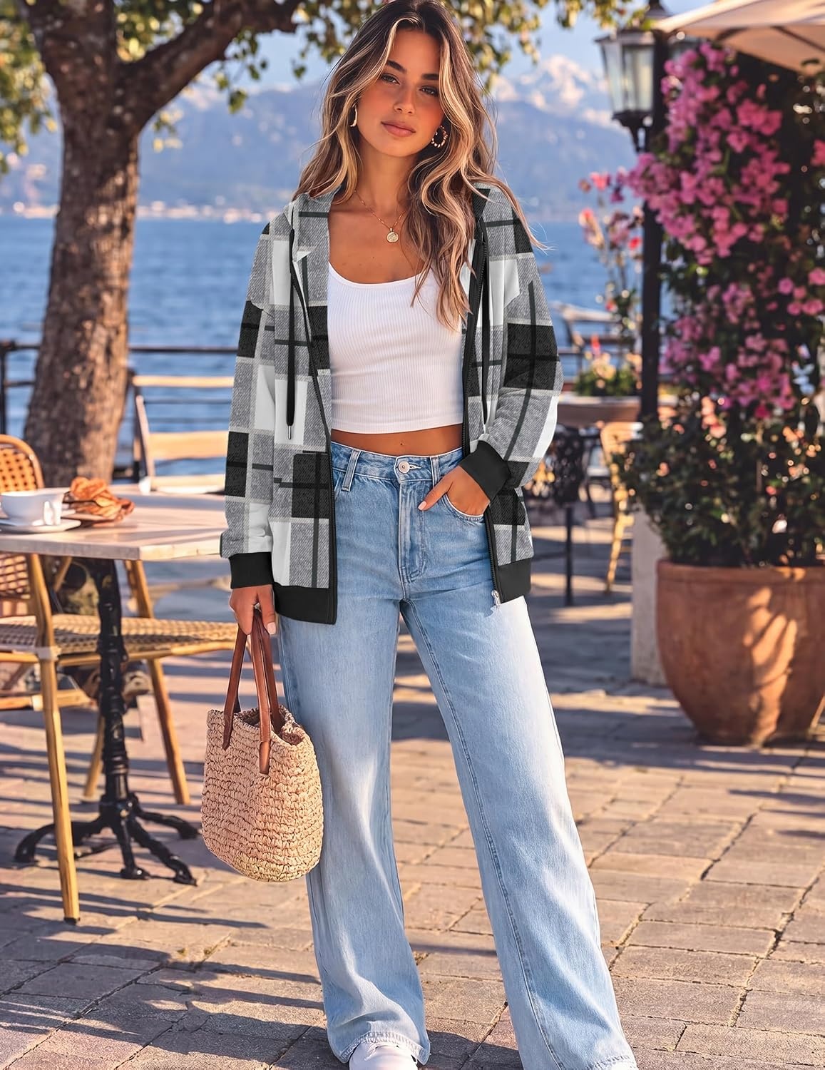 image:imageZeagoo Womens Lightweight Hoodies Full Zip Up Oversized Sweatshirt TrendyBlack White Plaid