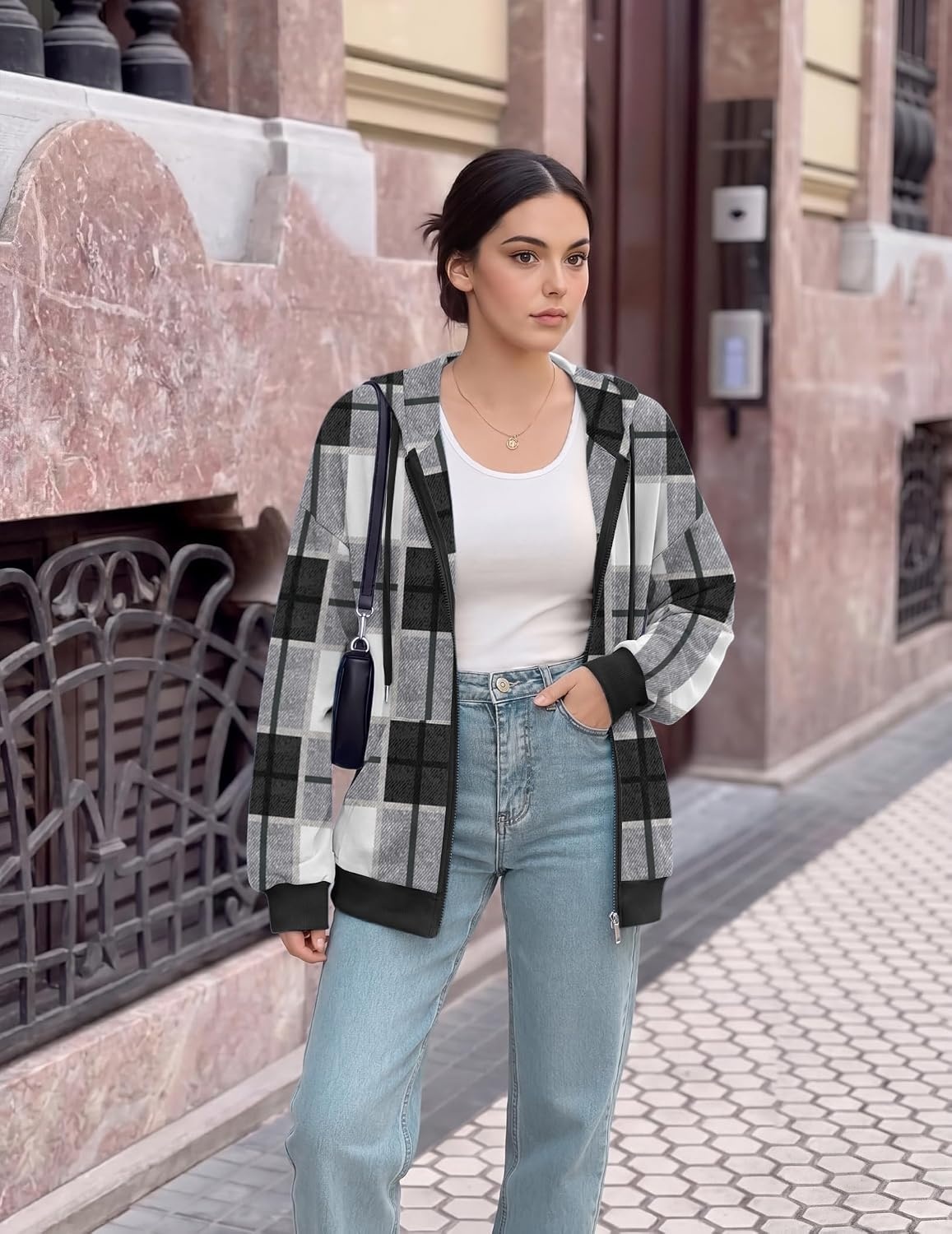 image:imageZeagoo Womens Lightweight Hoodies Full Zip Up Oversized Sweatshirt TrendyBlack White Plaid