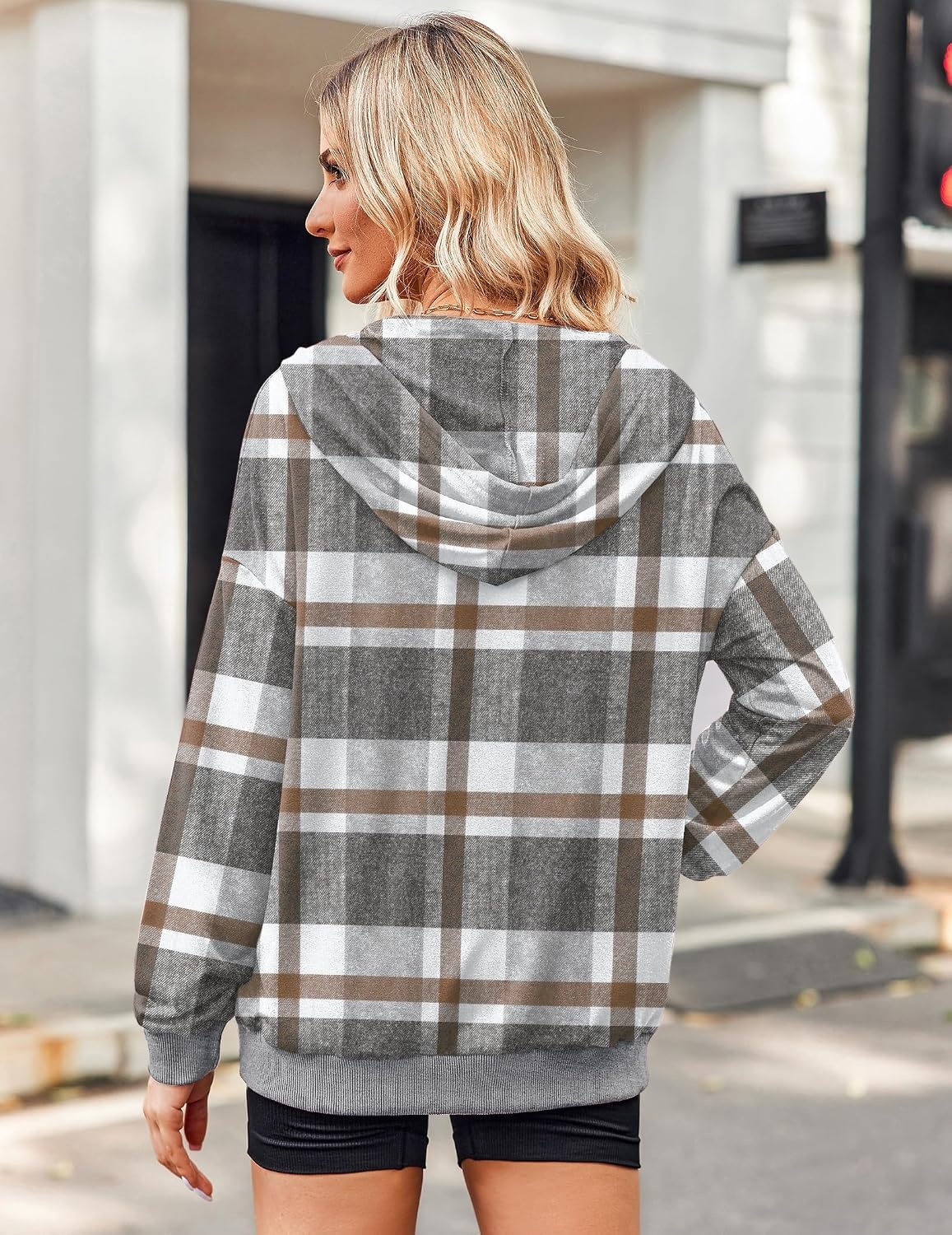 image:imageZeagoo Womens Lightweight Hoodies Full Zip Up Oversized Sweatshirt TrendyGrey White Plaid