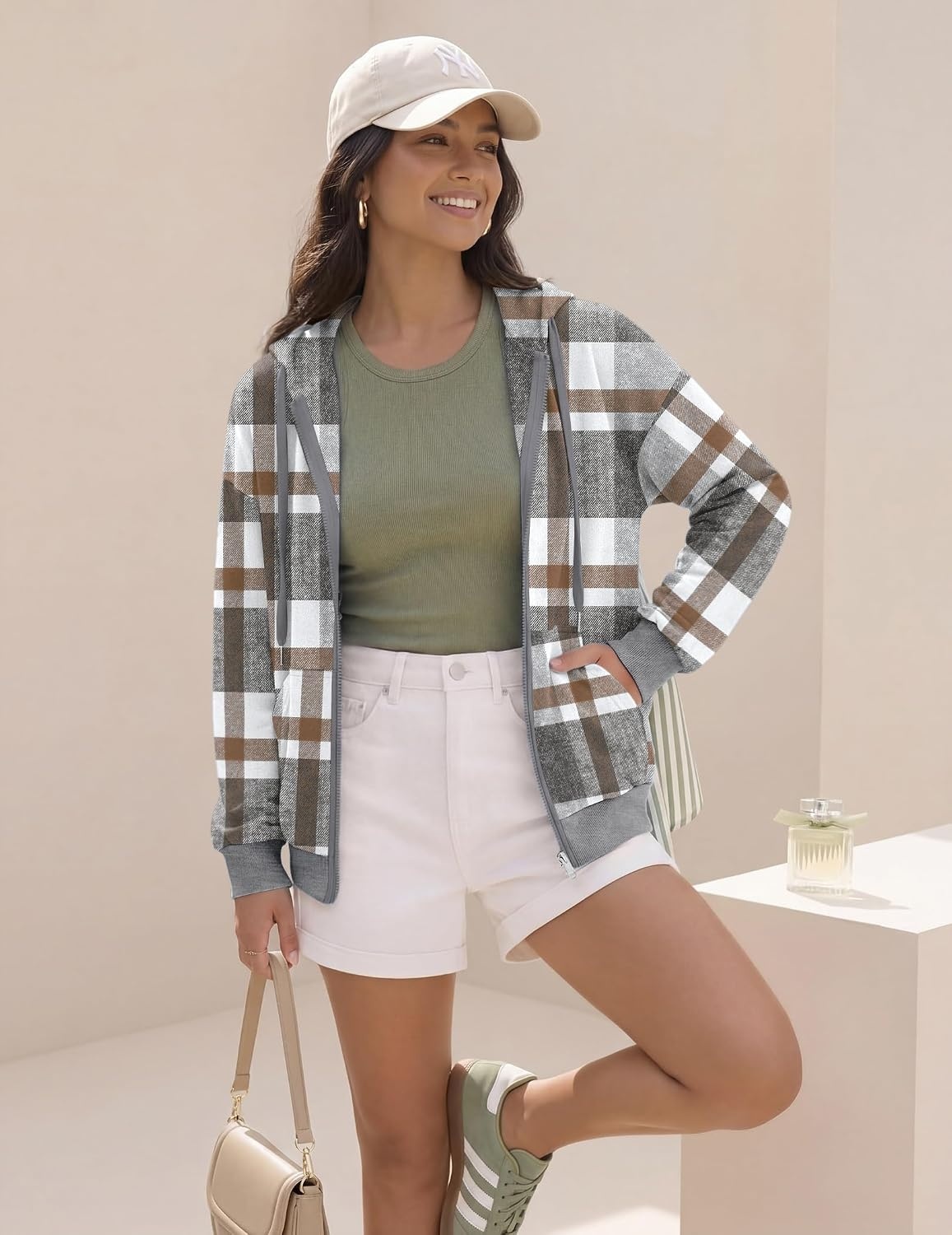 image:imageZeagoo Womens Lightweight Hoodies Full Zip Up Oversized Sweatshirt TrendyGrey White Plaid
