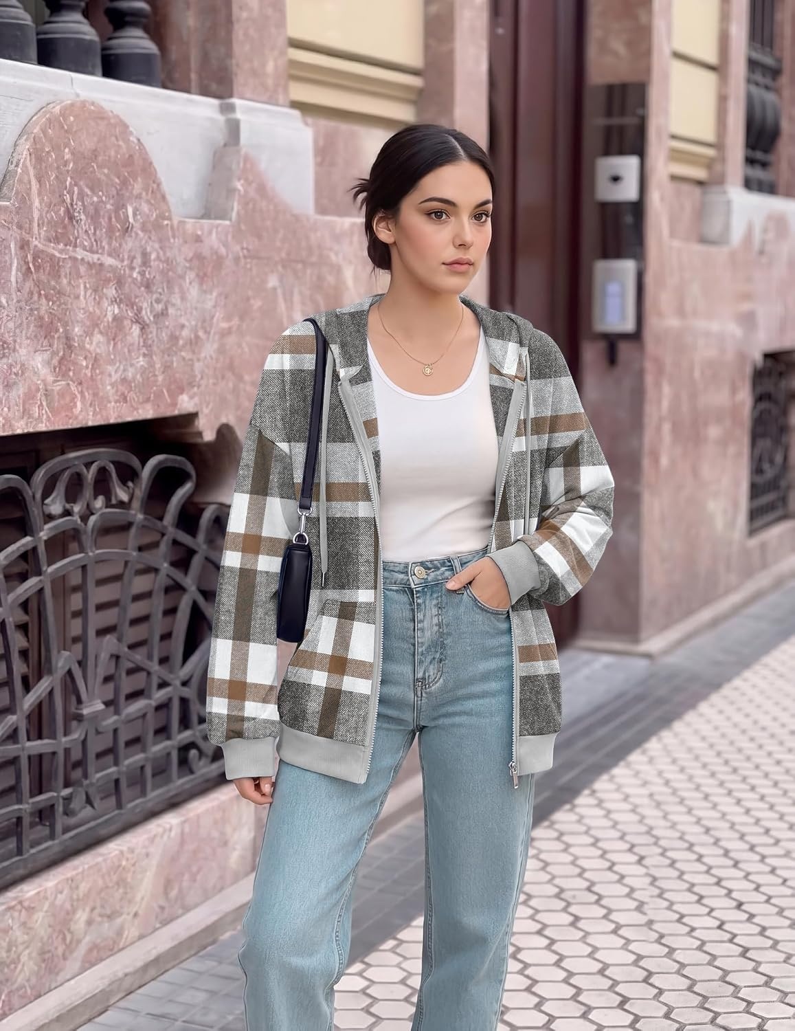 image:imageZeagoo Womens Lightweight Hoodies Full Zip Up Oversized Sweatshirt TrendyGrey White Plaid