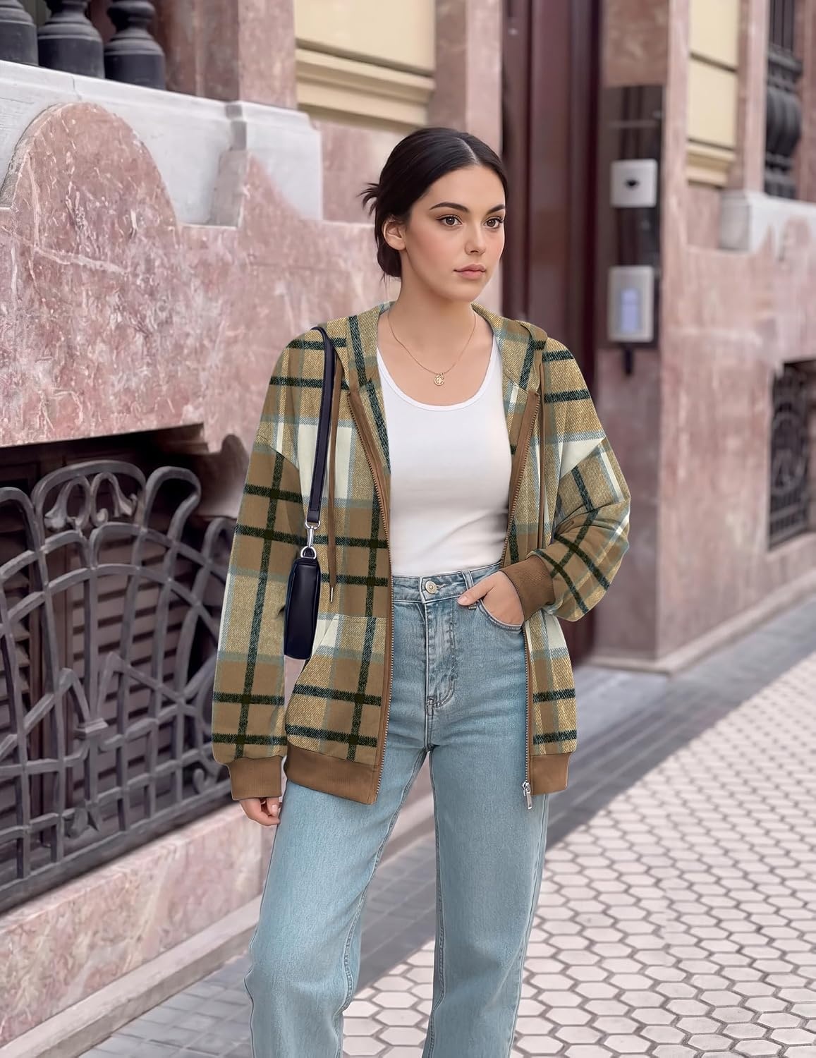image:imageZeagoo Womens Lightweight Hoodies Full Zip Up Oversized Sweatshirt TrendyKhaki Plaid
