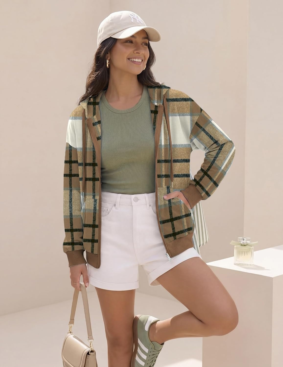 image:imageZeagoo Womens Lightweight Hoodies Full Zip Up Oversized Sweatshirt TrendyKhaki Plaid