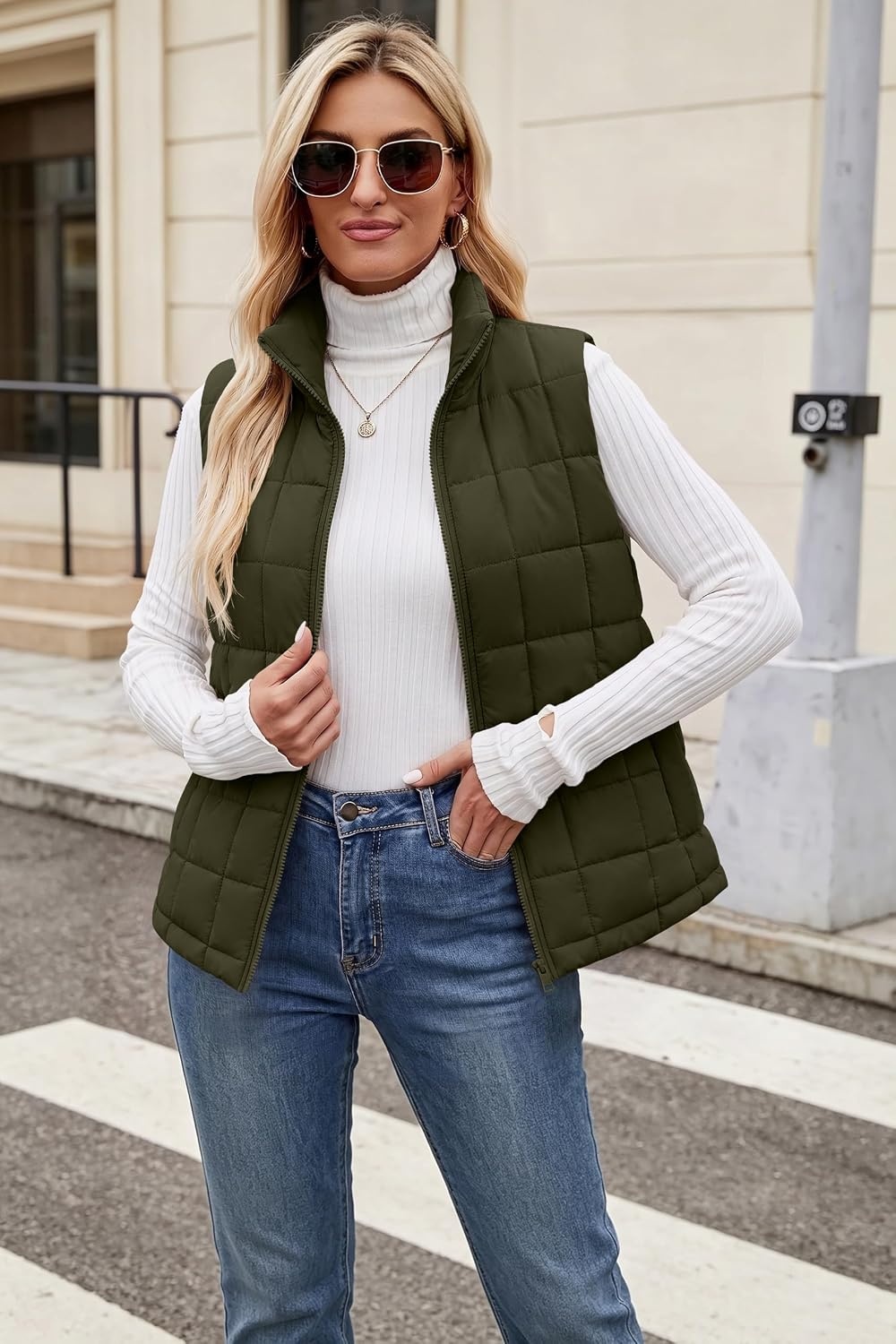 image:imageZeagoo Womens Lightweight Quilted Puffer Vest Stand Collar Zip Up OuterwearArmy Green