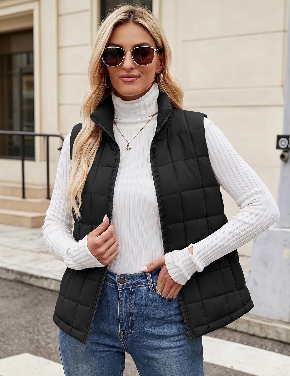 image:imageZeagoo Womens Lightweight Quilted Puffer Vest Stand Collar Zip Up OuterwearBlack