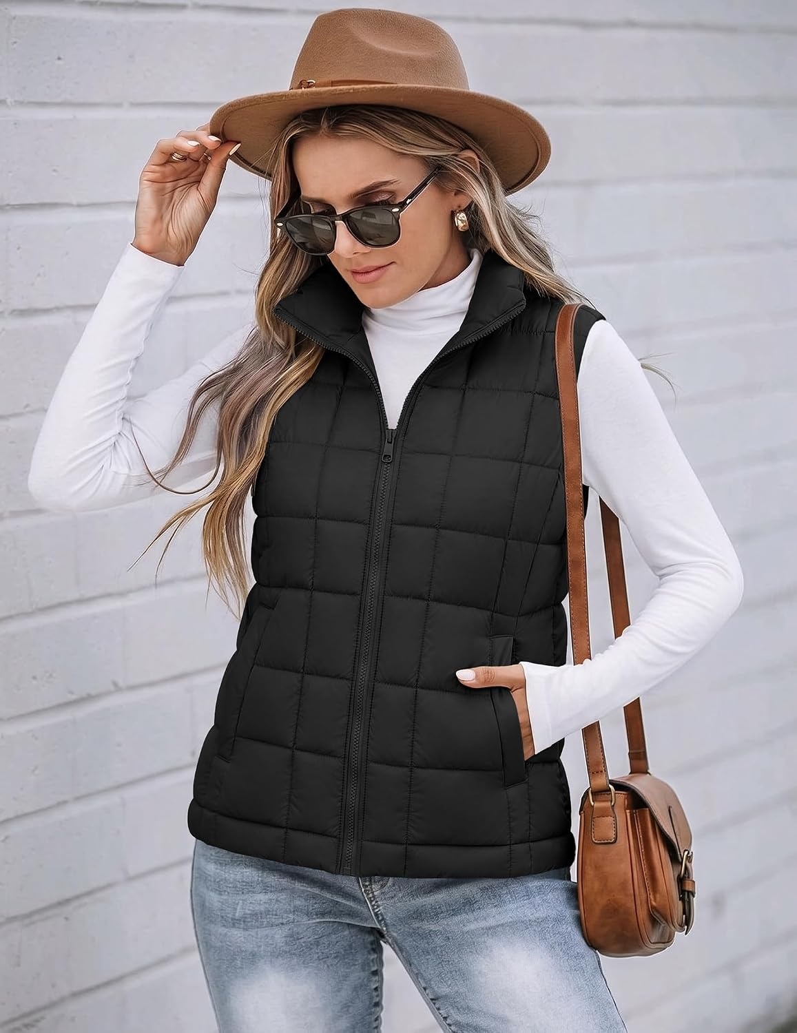 image:imageZeagoo Womens Lightweight Quilted Puffer Vest Stand Collar Zip Up OuterwearBlack