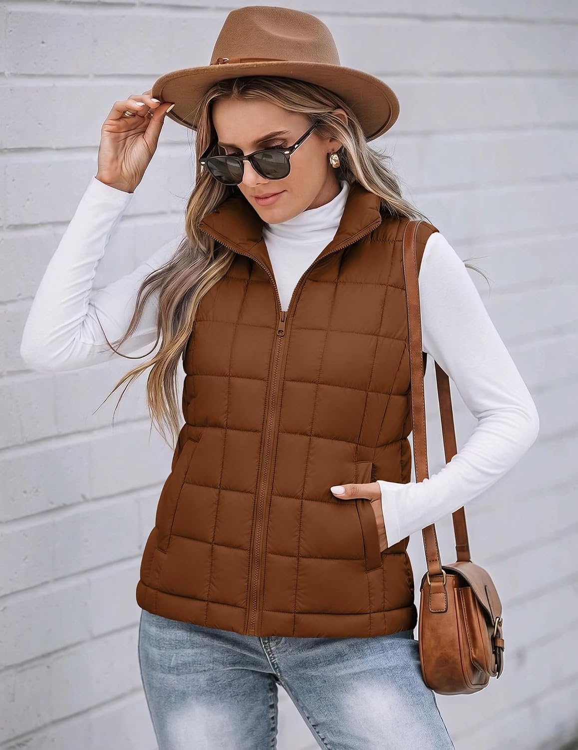 image:imageZeagoo Womens Lightweight Quilted Puffer Vest Stand Collar Zip Up OuterwearCaramel