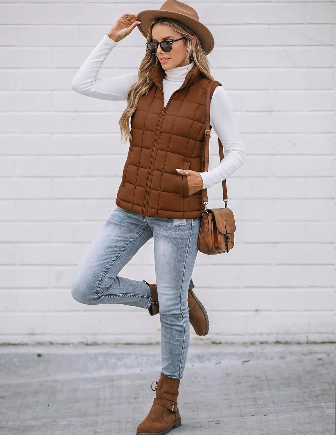 image:imageZeagoo Womens Lightweight Quilted Puffer Vest Stand Collar Zip Up OuterwearCaramel