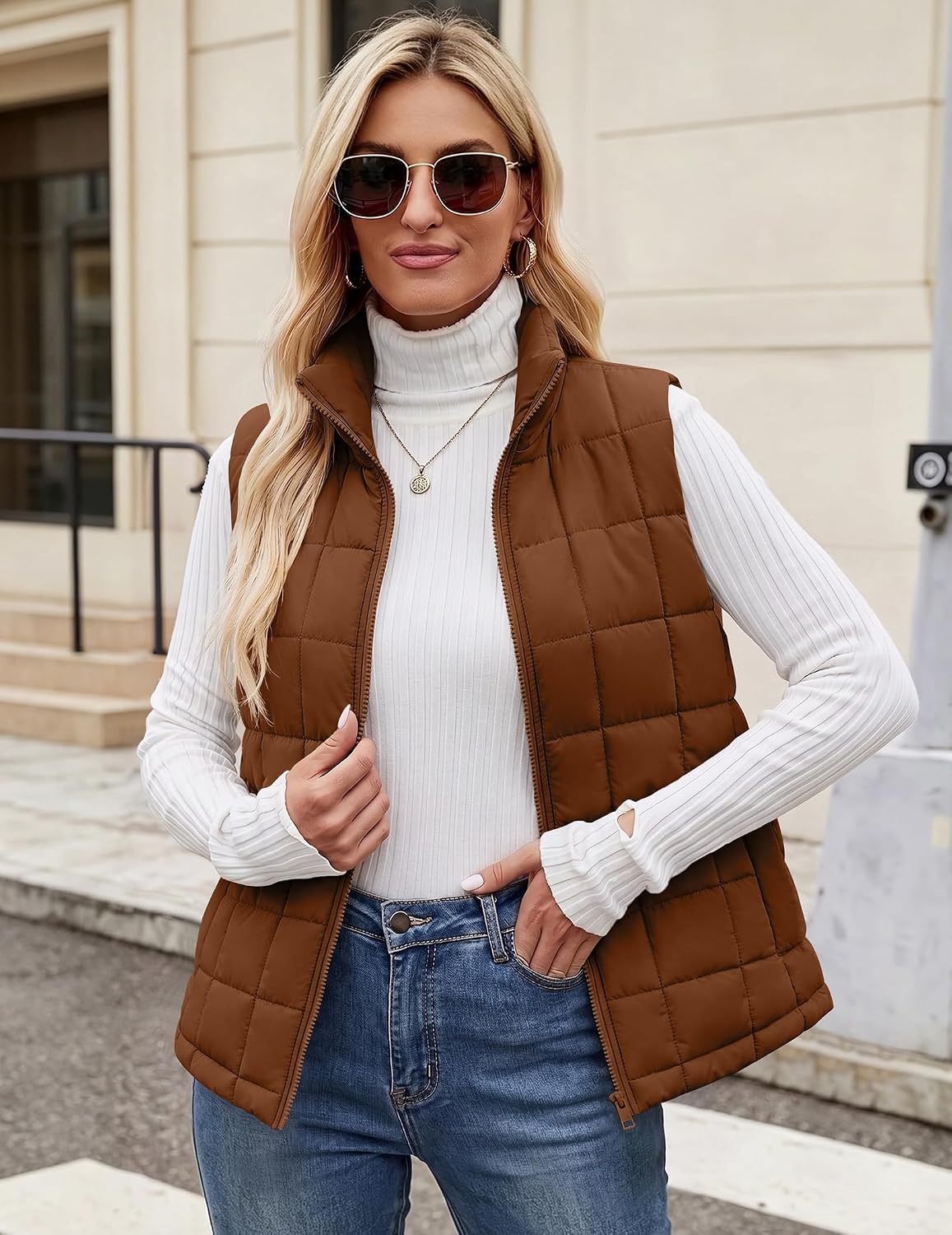 image:imageZeagoo Womens Lightweight Quilted Puffer Vest Stand Collar Zip Up OuterwearCaramel