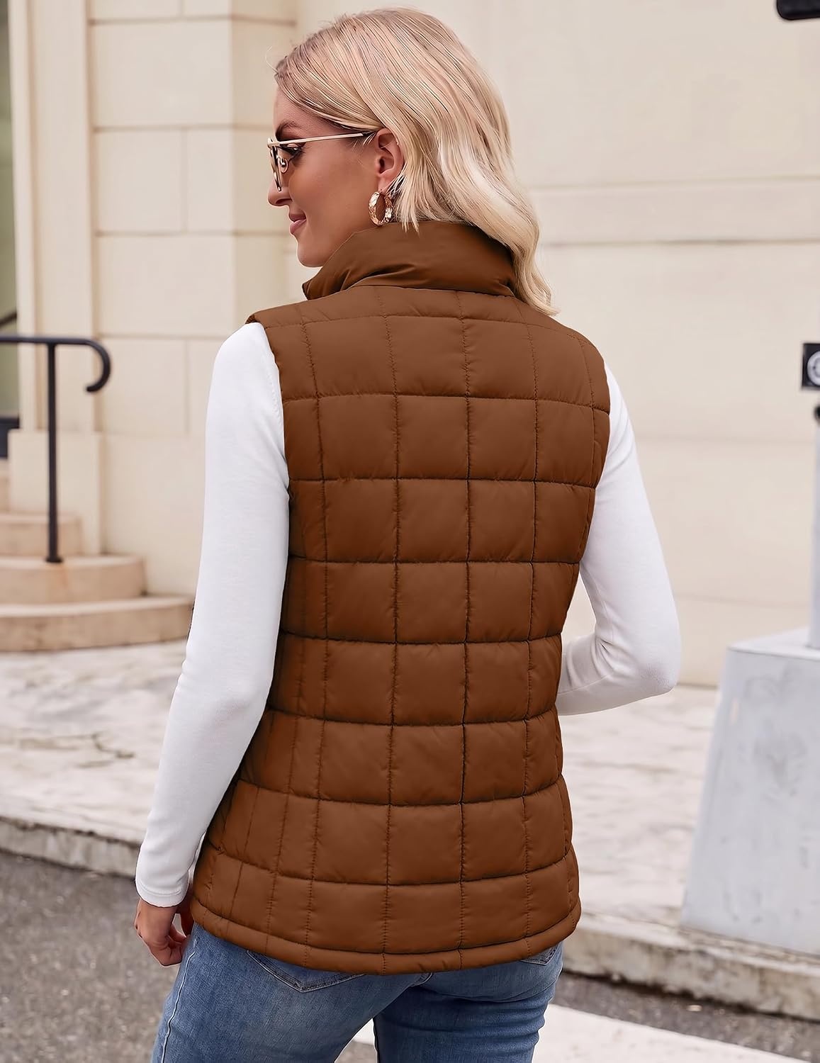 image:imageZeagoo Womens Lightweight Quilted Puffer Vest Stand Collar Zip Up OuterwearCaramel
