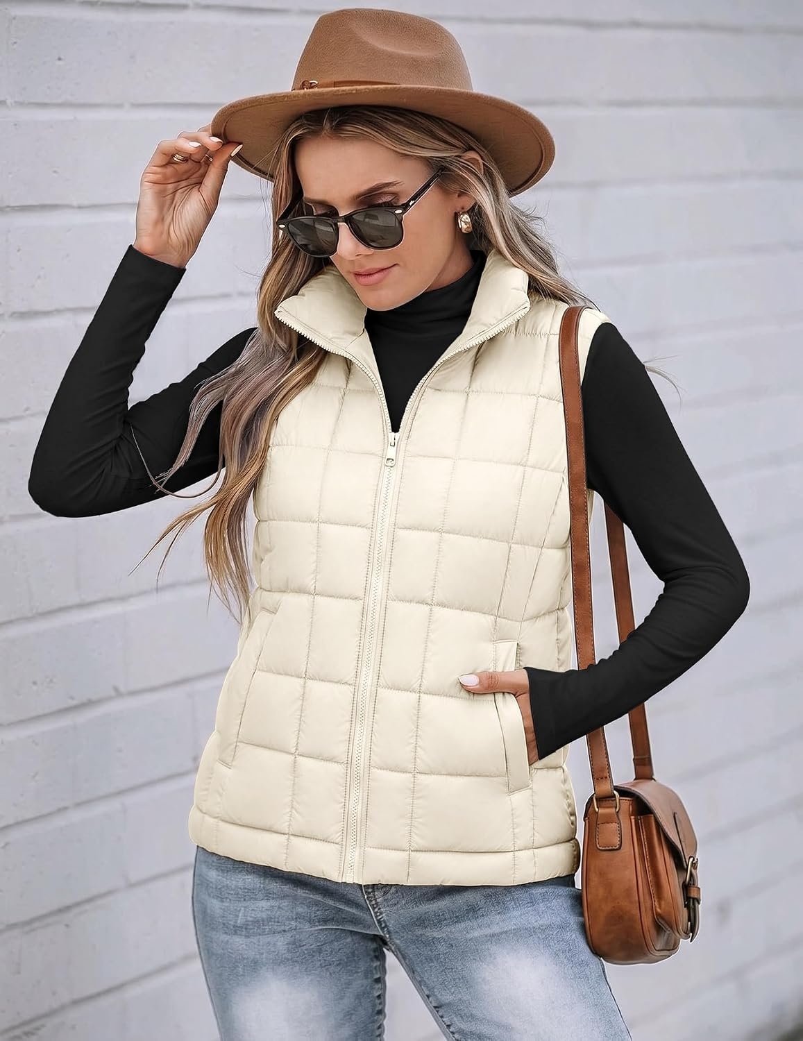 image:imageZeagoo Womens Lightweight Quilted Puffer Vest Stand Collar Zip Up OuterwearCream